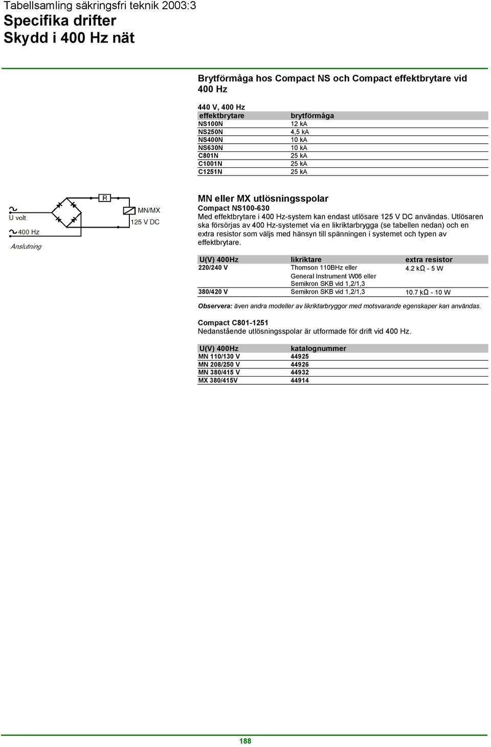 Utlösaren ska försörjas av 400 Hz-systemet via en likriktarbrygga (se tabellen nedan) och en extra resistor som väljs med hänsyn till spänningen i systemet och typen av effektbrytare.