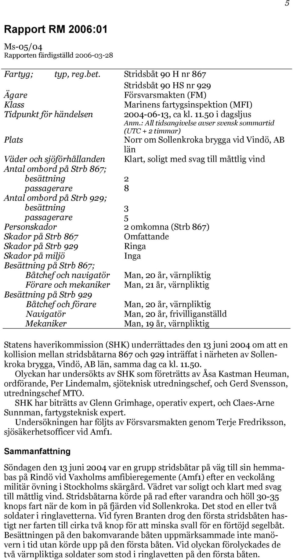 : All tidsangivelse avser svensk sommartid (UTC + 2 timmar) Plats Norr om Sollenkroka brygga vid Vindö, AB län Väder och sjöförhållanden Klart, soligt med svag till måttlig vind Antal ombord på Strb