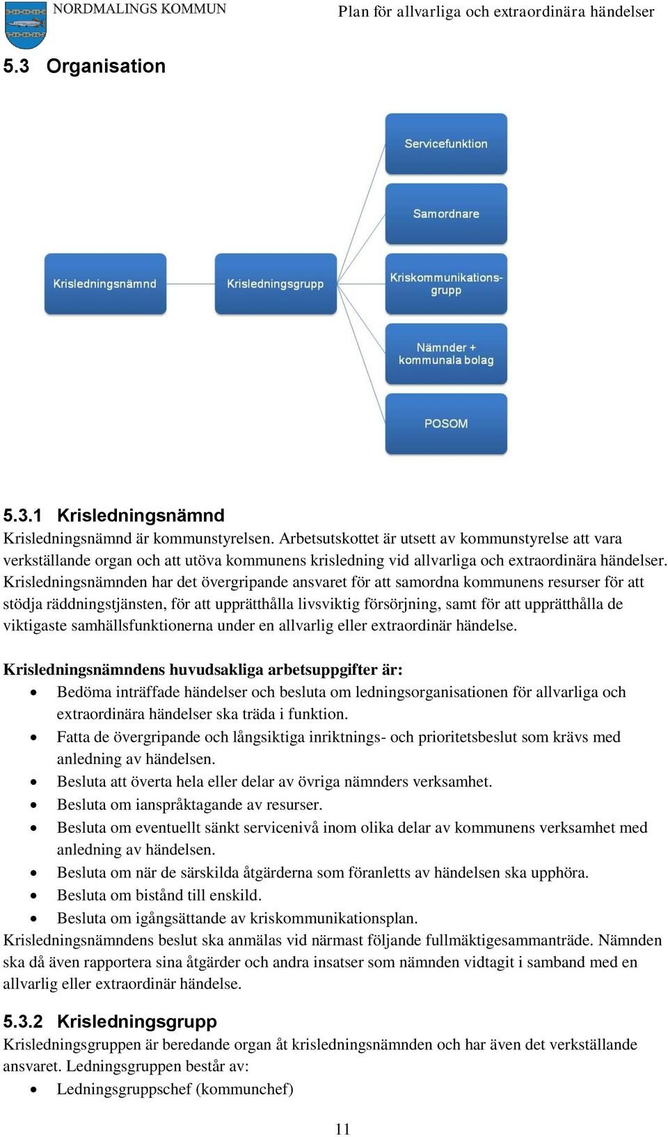 Krisledningsnämnden har det övergripande ansvaret för att samordna kommunens resurser för att stödja räddningstjänsten, för att upprätthålla livsviktig försörjning, samt för att upprätthålla de