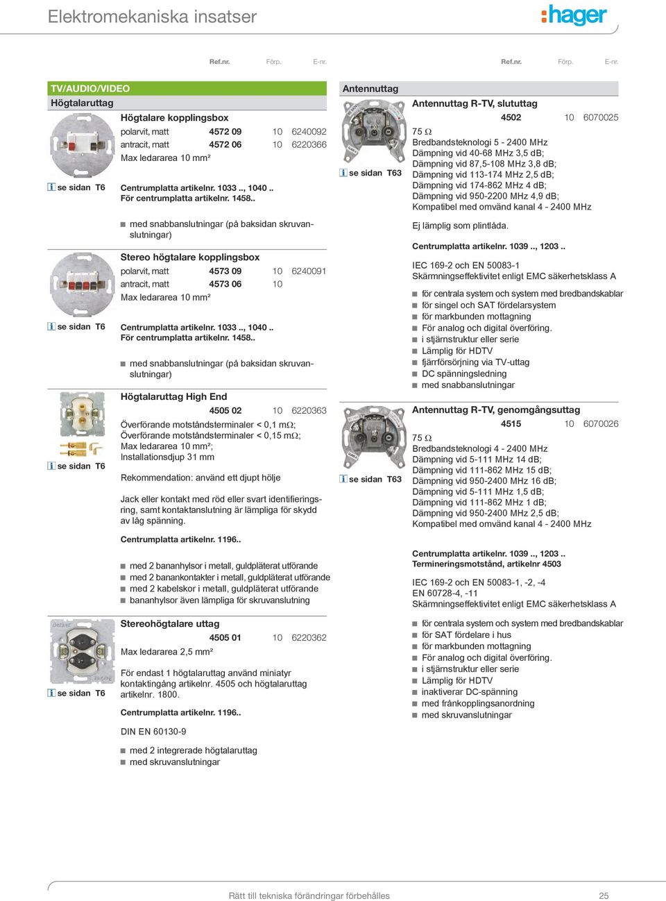 . (på baksidan skruvanslutningar) Stereo högtalare kopplingsbox polarvit, matt 4573 09 10 6240091 antracit, matt 4573 06 10 Max ledararea 10 mm² Centrumplatta .