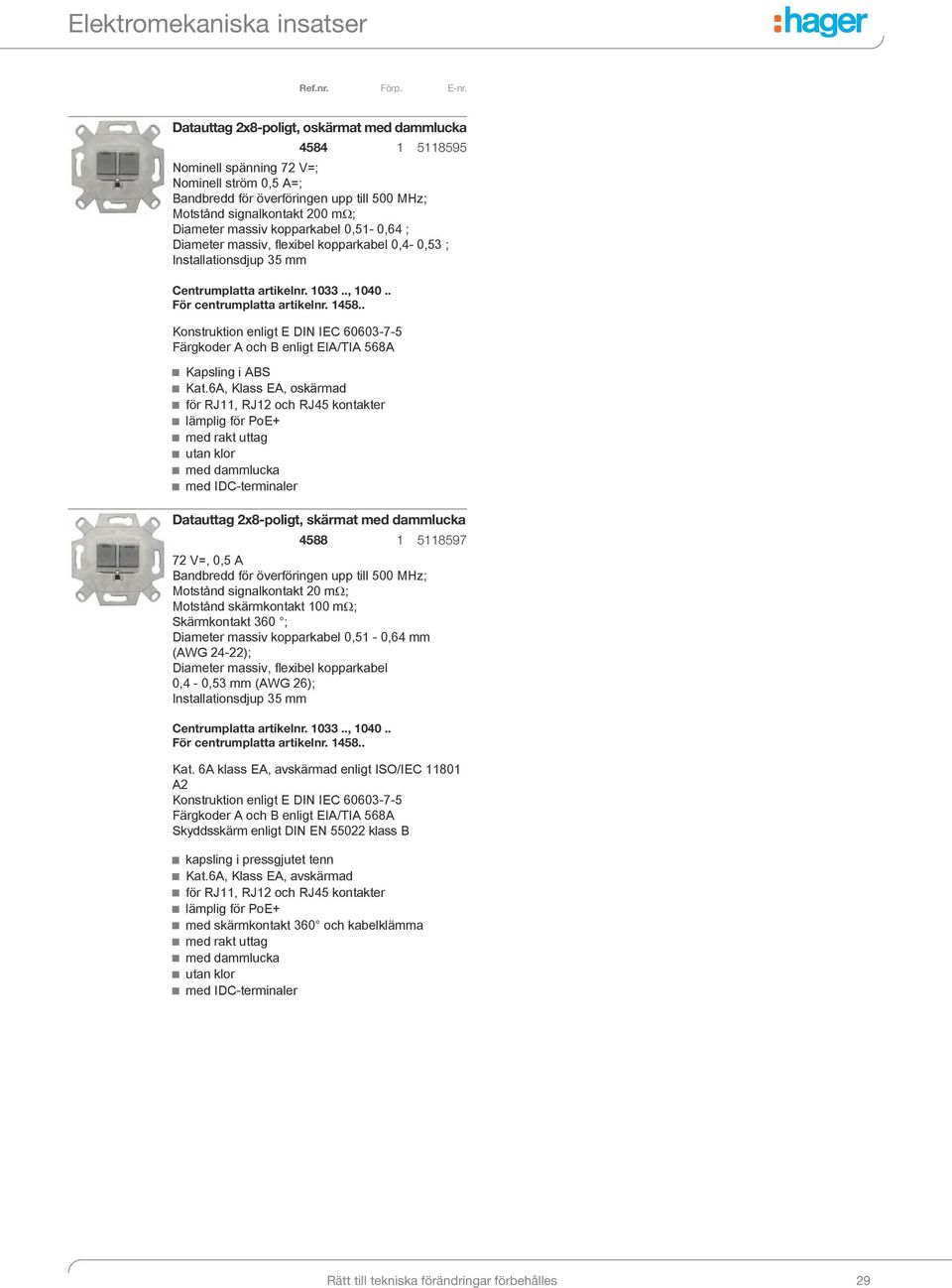 kopparkabel 0,51-0,64 ; Diameter massiv, fl exibel kopparkabel 0,4-0,53 ; Installationsdjup 35 mm Centrumplatta artikelnr. 1033.., 1040.. För centrumplatta artikelnr. 1458.