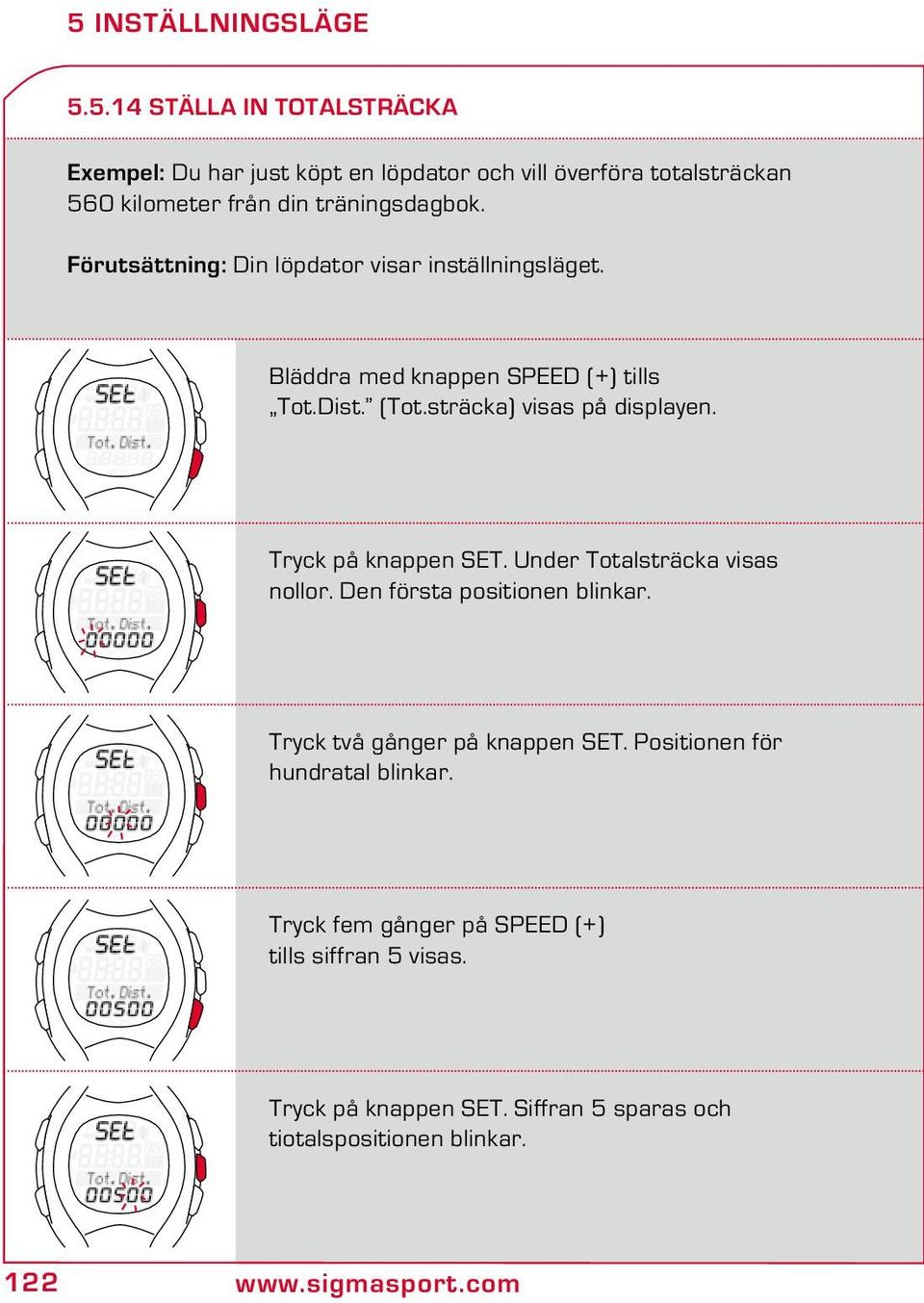 Tryck på knappen SET. Under Totalsträcka visas nollor. Den första positionen blinkar. Tryck två gånger på knappen SET.