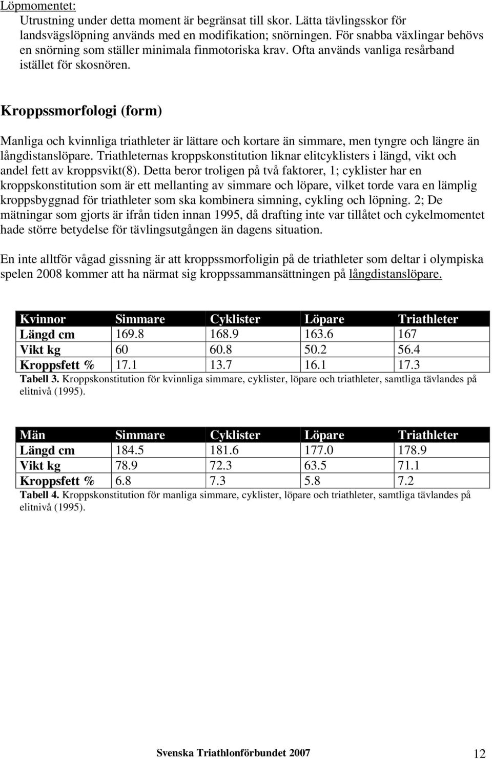 Kroppssmorfologi (form) Manliga och kvinnliga triathleter är lättare och kortare än simmare, men tyngre och längre än långdistanslöpare.