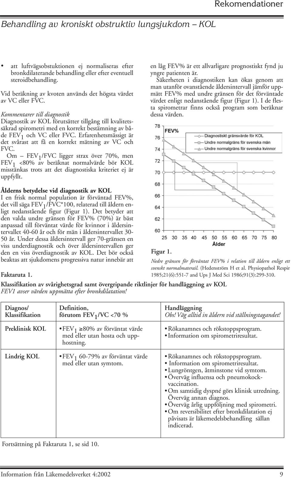 Kommentarer till diagnostik Diagnostik av KOL förutsätter tillgång till kvalitetssäkrad spirometri med en korrekt bestämning av både FEV 1 och VC eller FVC.
