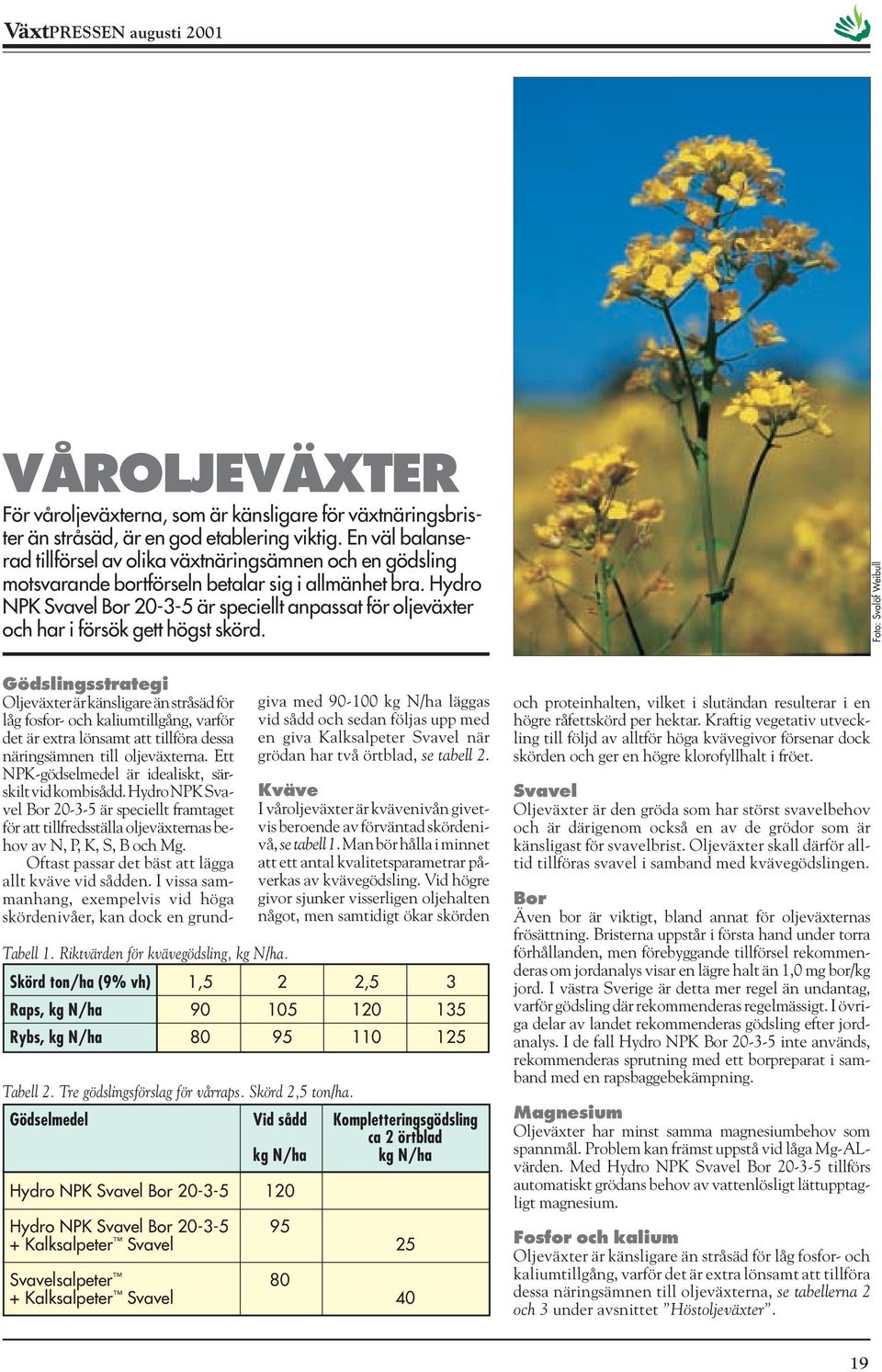 Hydro NPK Svavel Bor 20-3-5 är speciellt anpassat för oljeväxter och har i försök gett högst skörd. Foto: Svalöf Weibull Tabell 1. Riktvärden för kvävegödsling, kg N/ha.