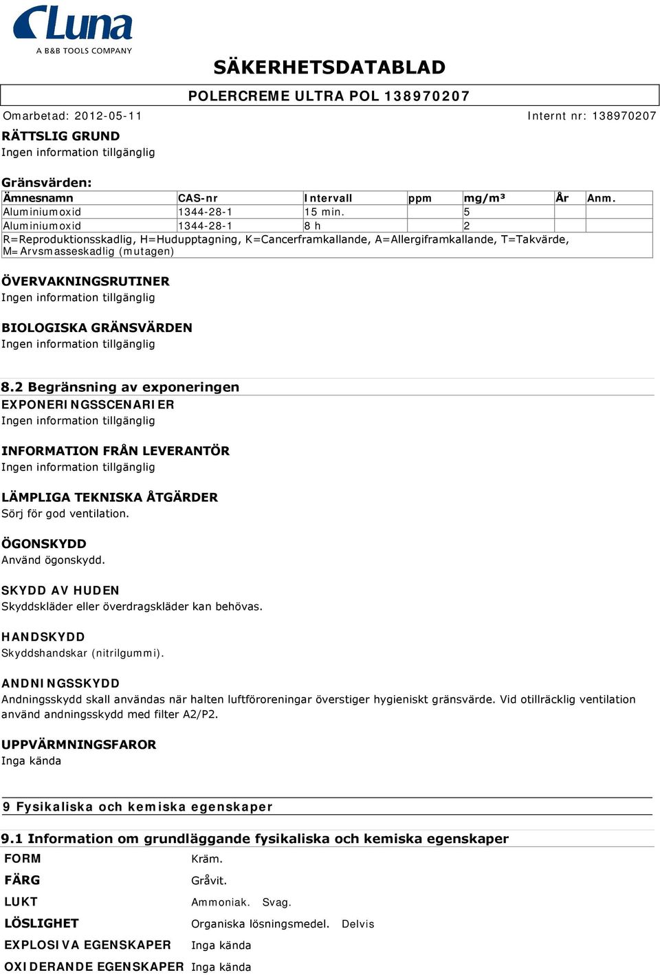 GRÄNSVÄRDEN 8.2 Begränsning av exponeringen EXPONERINGSSCENARIER INFORMATION FRÅN LEVERANTÖR LÄMPLIGA TEKNISKA ÅTGÄRDER Sörj för god ventilation. ÖGONSKYDD Använd ögonskydd.