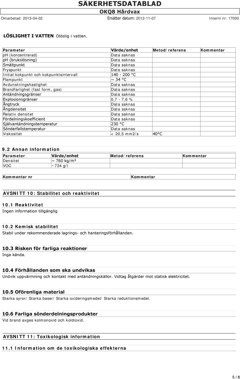 Brandfarlighet (fast form, gas) Antändningsgränser Explosionsgränser 0,7-7,6 % Ångtryck Ångdensitet Relativ densitet Fördelningskoefficient Självantändningstemperatur 230 C Sönderfallstemperatur