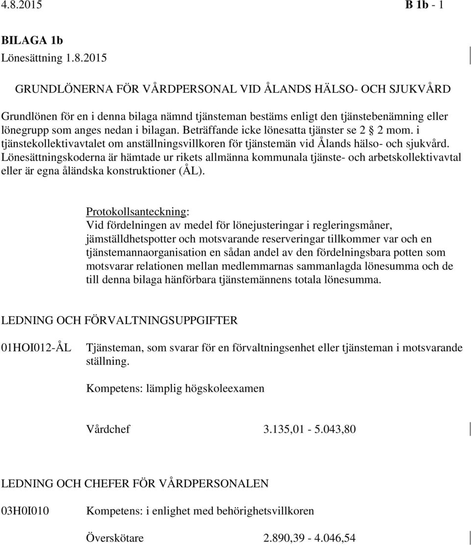 Lönesättningskoderna är hämtade ur rikets allmänna kommunala tjänste- och arbetskollektivavtal eller är egna åländska konstruktioner (ÅL).