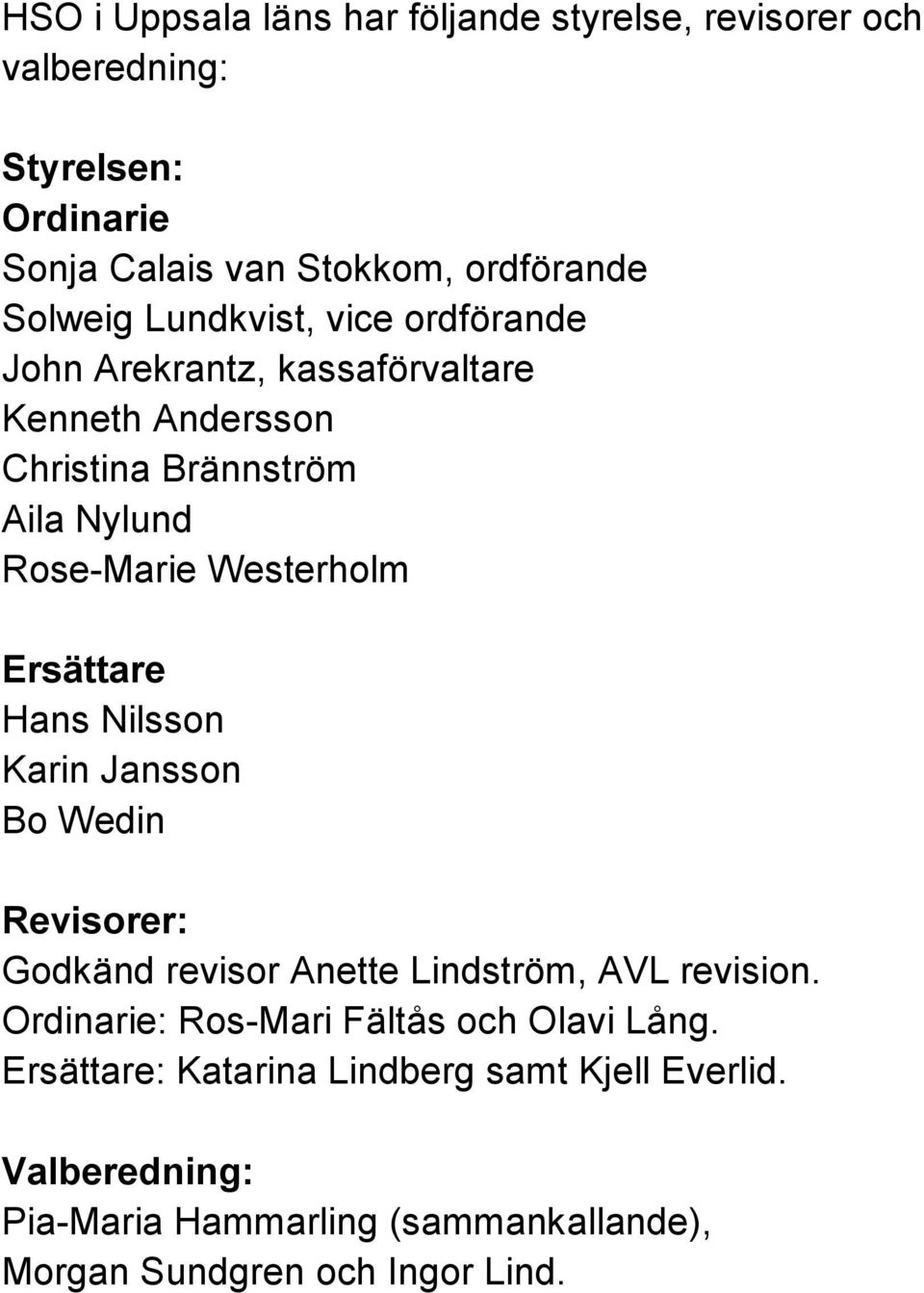 Ersättare Hans Nilsson Karin Jansson Bo Wedin Revisorer: Godkänd revisor Anette Lindström, AVL revision.