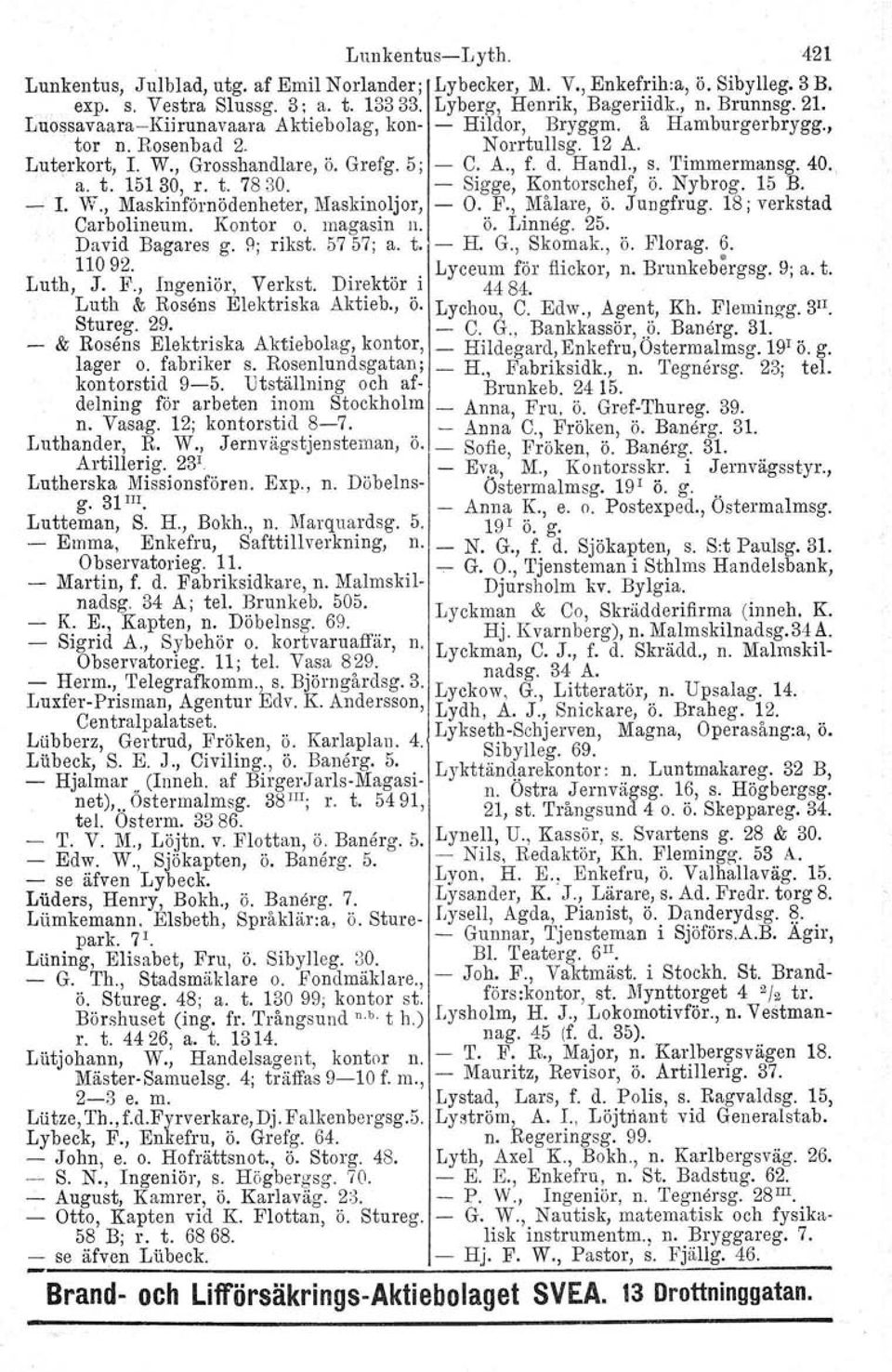 15 B. L W., Maskinförnödenheter, Maskinoljor, O. F., Målare, Ö. Jungfrug. 18; verkstad Carbolineum. Kontor o. magasin Il. Ö. Linneg. 25. David Bagares g. \1; rikst. 5757; a. t. H. G., Skomak., Ö. Plorag, 6.