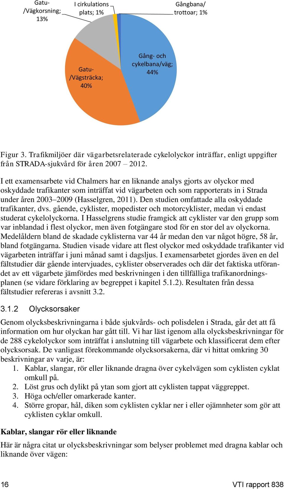 I ett examensarbete vid Chalmers har en liknande analys gjorts av olyckor med oskyddade trafikanter som inträffat vid vägarbeten och som rapporterats in i Strada under åren 2003 2009 (Hasselgren,