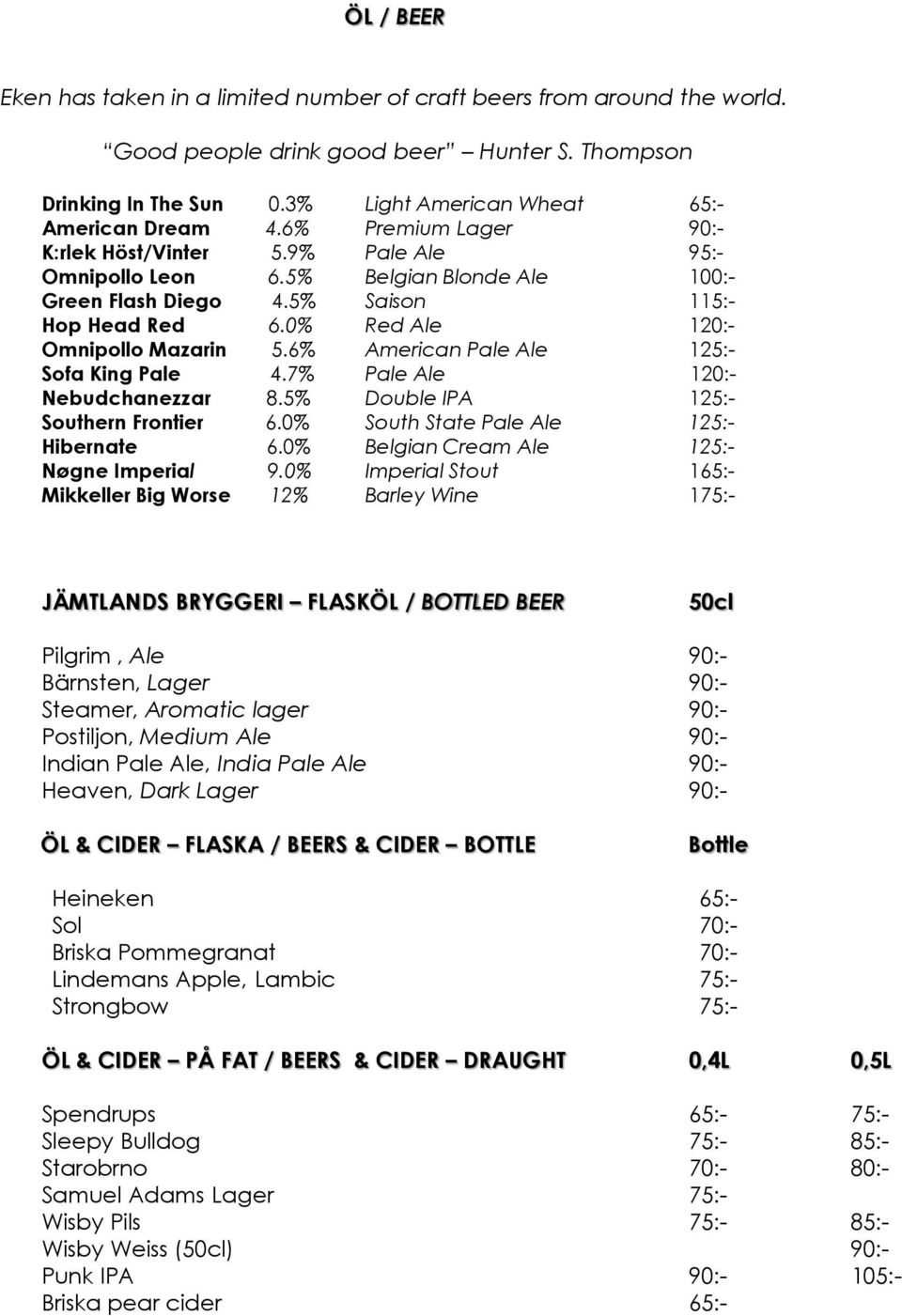 6% American Pale Ale 125:- Sofa King Pale 4.7% Pale Ale 120:- Nebudchanezzar 8.5% Double IPA 125:- Southern Frontier 6.0% South State Pale Ale 125:- Hibernate 6.