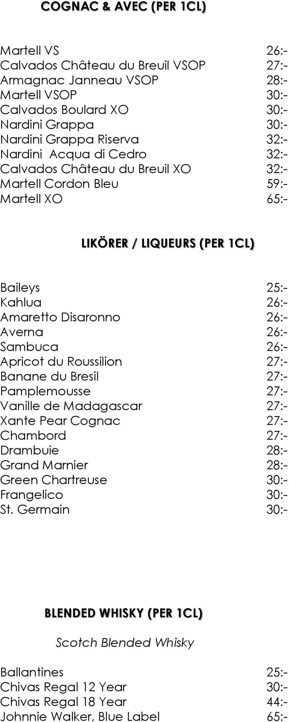 Averna 26:- Sambuca 26:- Apricot du Roussilion 27:- Banane du Bresil 27:- Pamplemousse 27:- Vanille de Madagascar 27:- Xante Pear Cognac 27:- Chambord 27:- Drambuie 28:- Grand Marnier 28:-