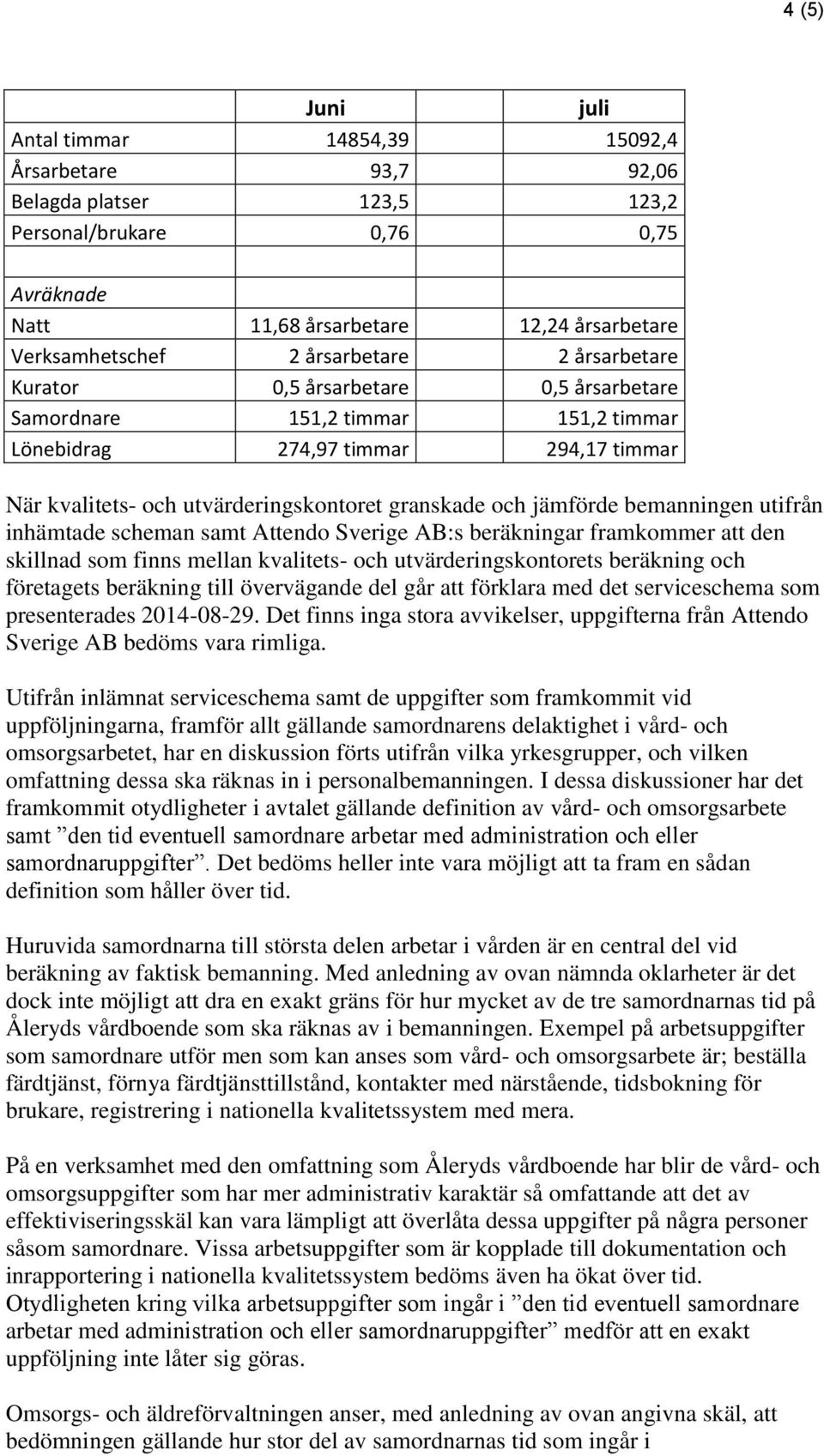 jämförde bemanningen utifrån inhämtade scheman samt Attendo Sverige AB:s beräkningar framkommer att den skillnad som finns mellan kvalitets- och utvärderingskontorets beräkning och företagets