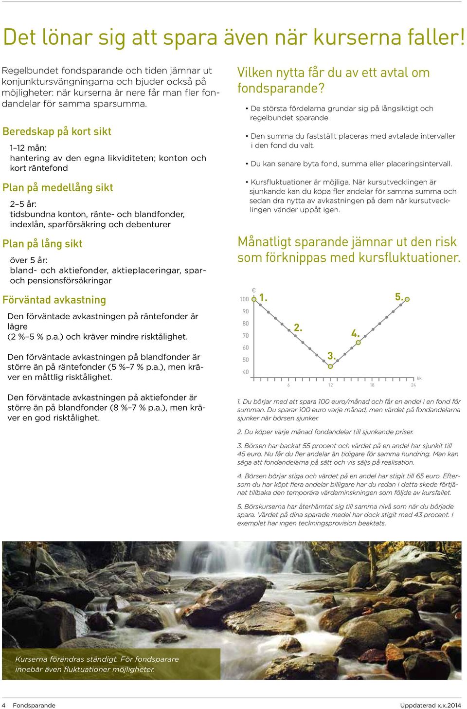 Beredskap på kort sikt 1 12 mån: hantering av den egna likviditeten; konton och kort räntefond Plan på medellång sikt 2 5 år: tidsbundna konton, ränte- och blandfonder, indexlån, sparförsäkring och