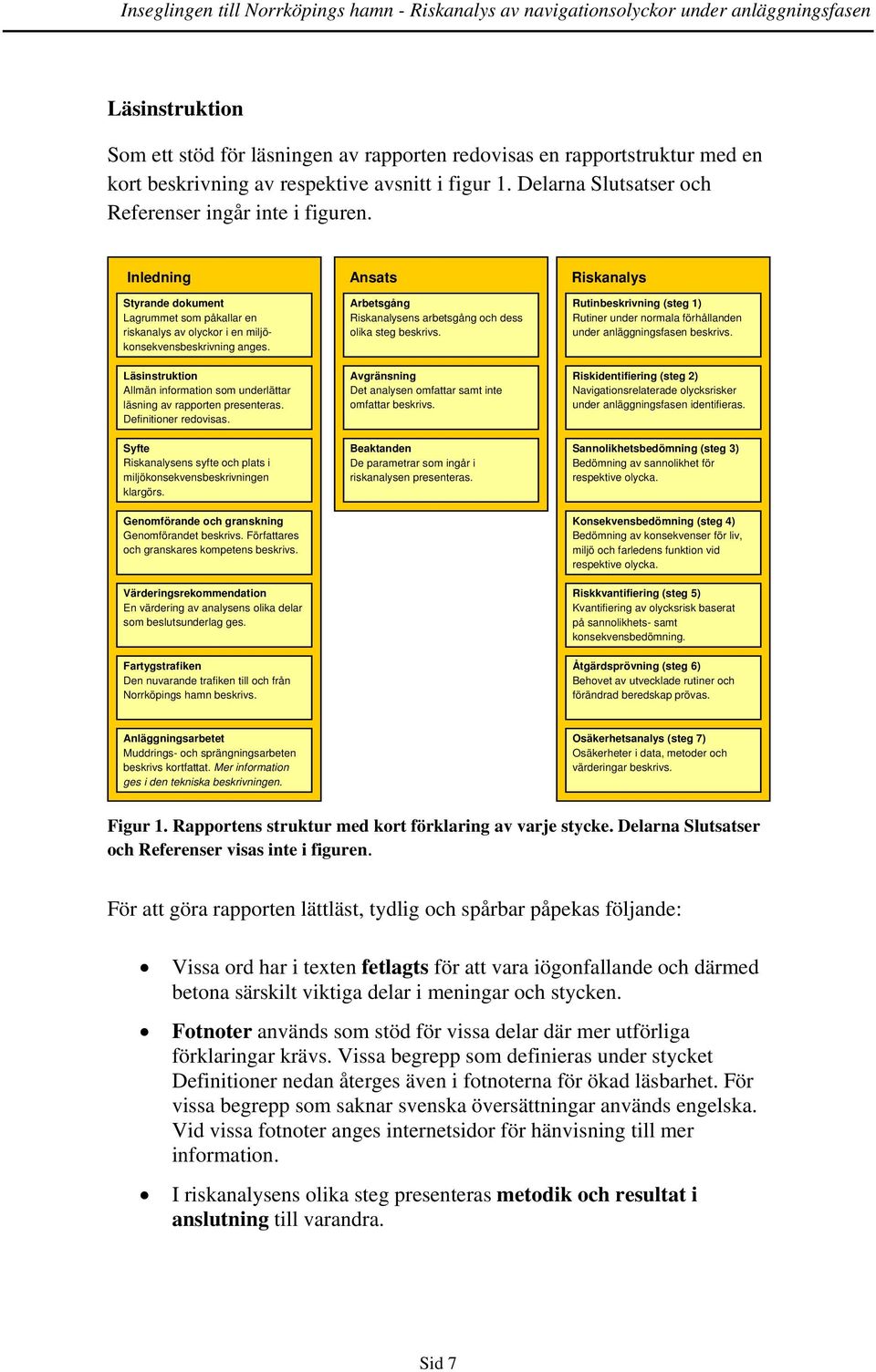 Läsinstruktion Allmän information som underlättar läsning av rapporten presenteras. Definitioner redovisas. Syfte Riskanalysens syfte och plats i miljökonsekvensbeskrivningen klargörs.