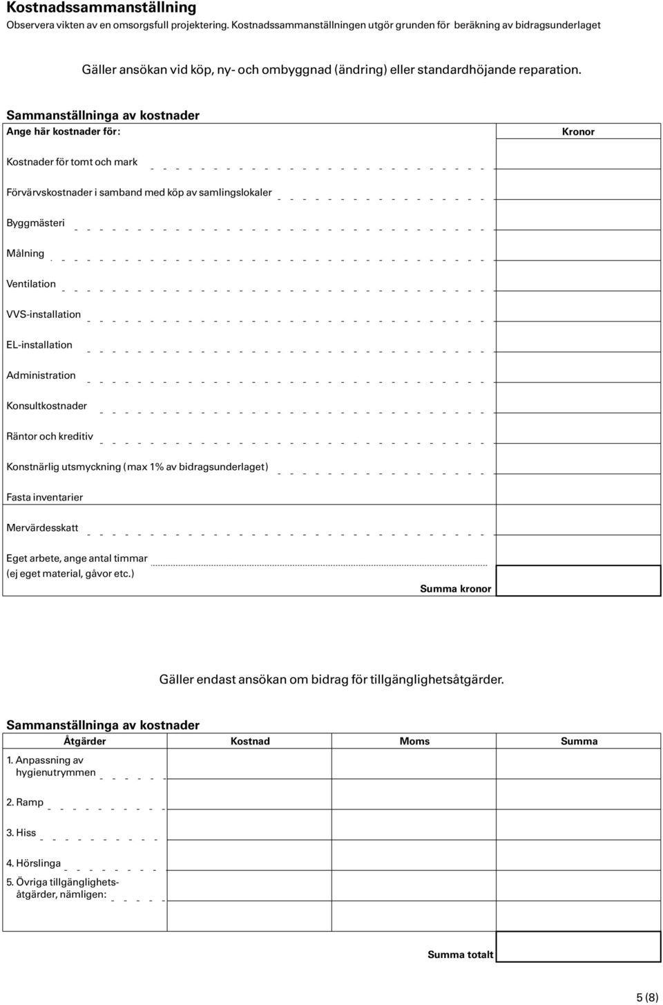 Sammanställninga av kostnader Ange här kostnader för: Kronor Kostnader för tomt och mark Förvärvskostnader i samband med köp av samlingslokaler Byggmästeri Målning Ventilation VVS-installation