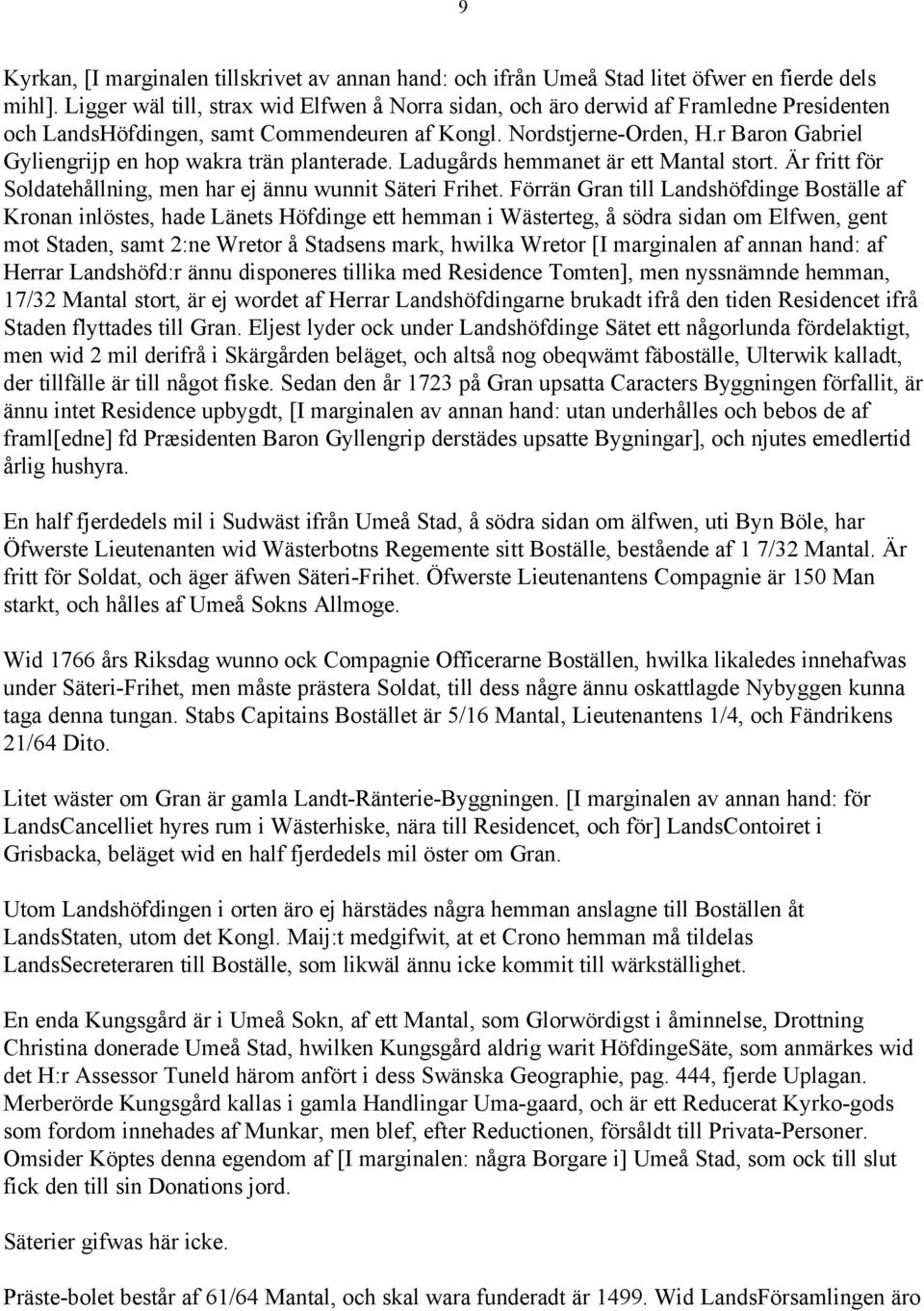 r Baron Gabriel Gyliengrijp en hop wakra trän planterade. Ladugårds hemmanet är ett Mantal stort. Är fritt för Soldatehållning, men har ej ännu wunnit Säteri Frihet.