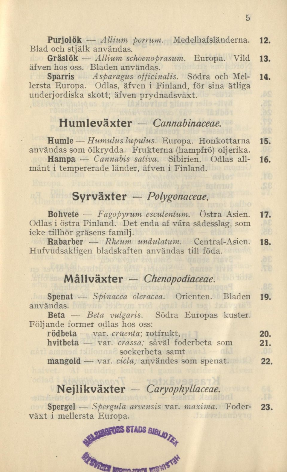 användas som ölkrydda. Frukterna (hampfrö) oljerika. Hampa Cannabis sativa. Sibirien. Odlas all- 16. mänt itempererade länder, äfven ifinland. Svrväxter Polygonaceae. Bohvete Fagopyrum esculentum.