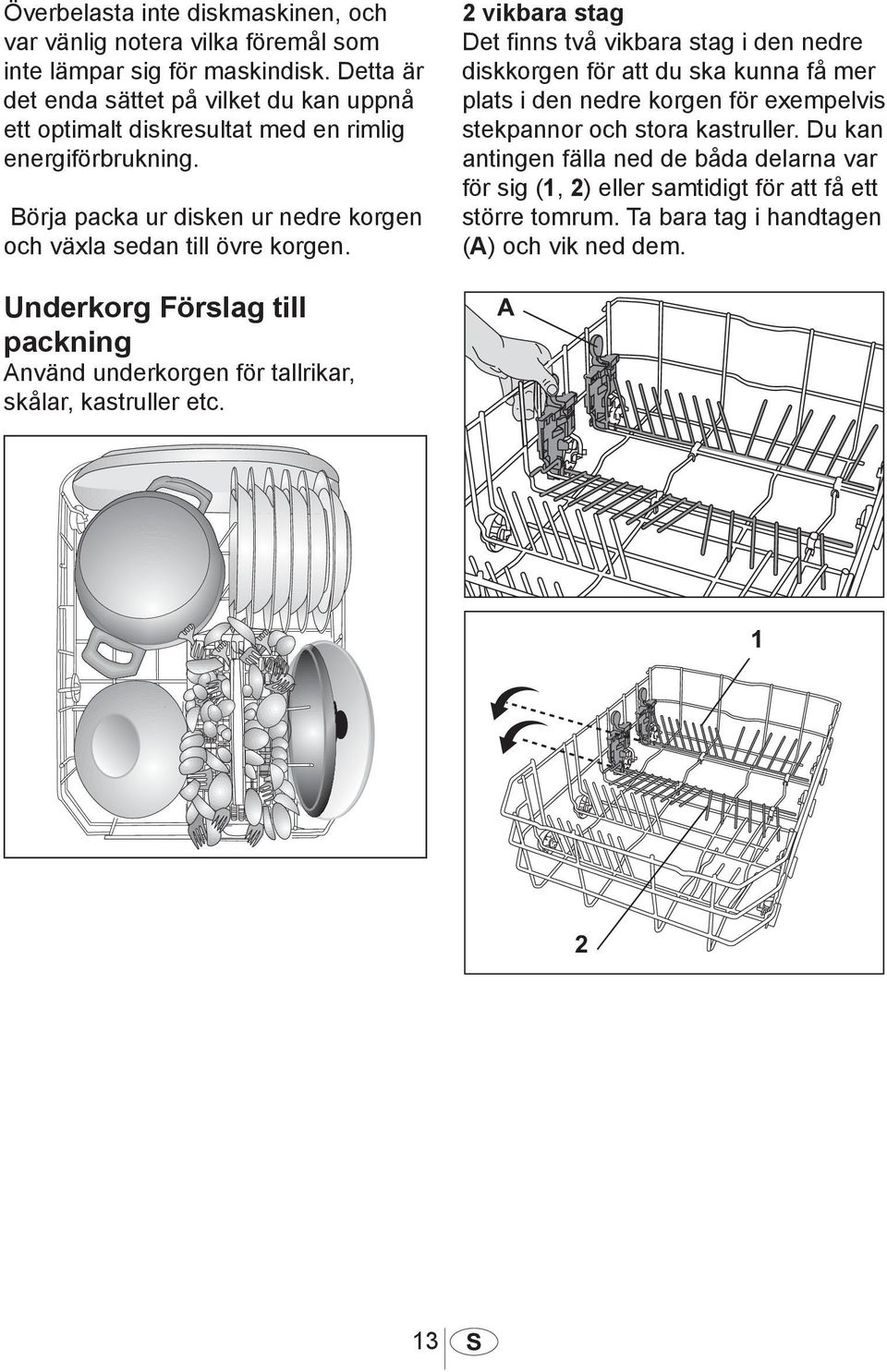 Underkorg Förslag till packning Använd underkorgen för tallrikar, skålar, kastruller etc.