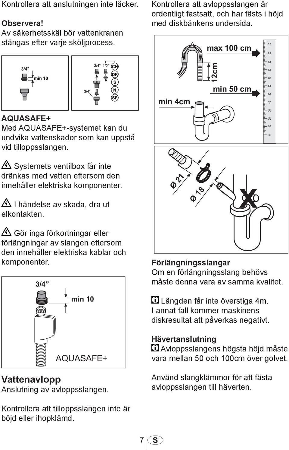 Kontrollera att avloppsslangen är ordentligt fastsatt, och har fästs i höjd med diskbänkens undersida.