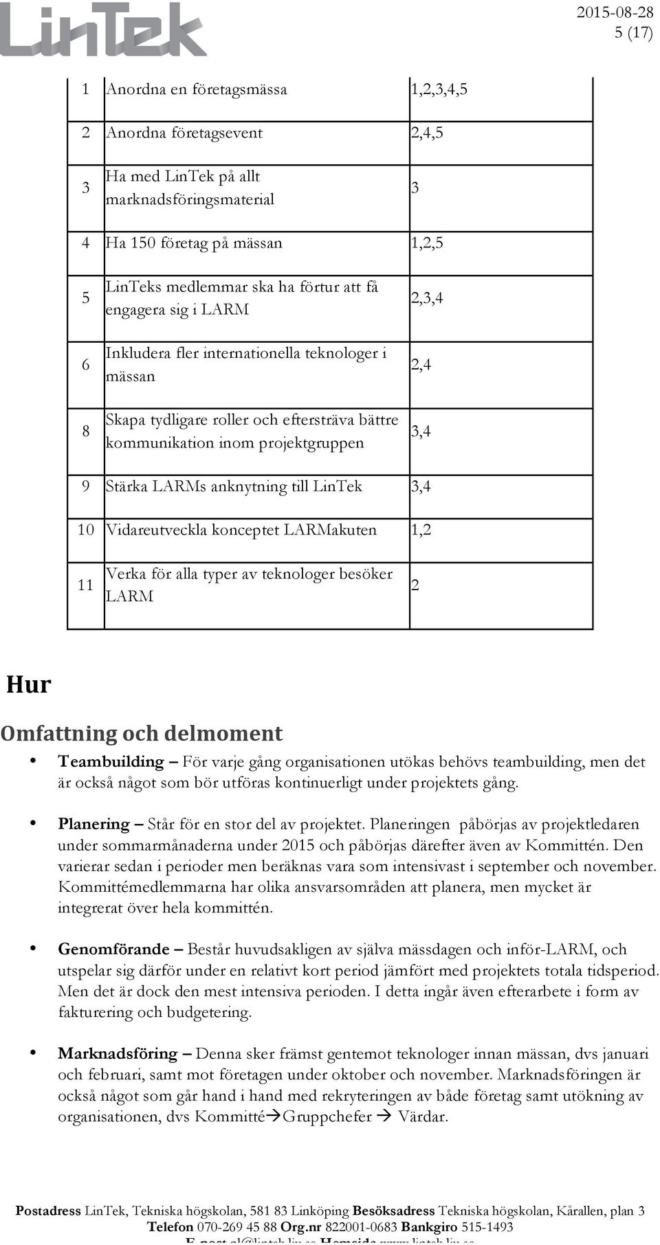 LinTek 3,4 10 Vidareutveckla konceptet LARMakuten 1,2 11 Verka för alla typer av teknologer besöker LARM 2 Hur Omfattning och delmoment Teambuilding För varje gång organisationen utökas behövs