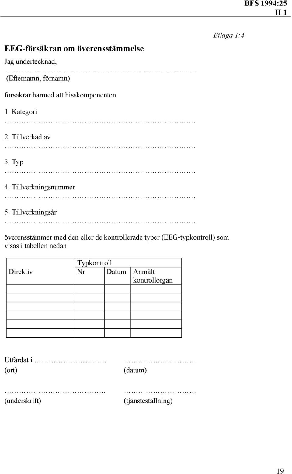 Tillverkningsår överensstämmer med den eller de kontrollerade typer (EEG-typkontroll) som visas i