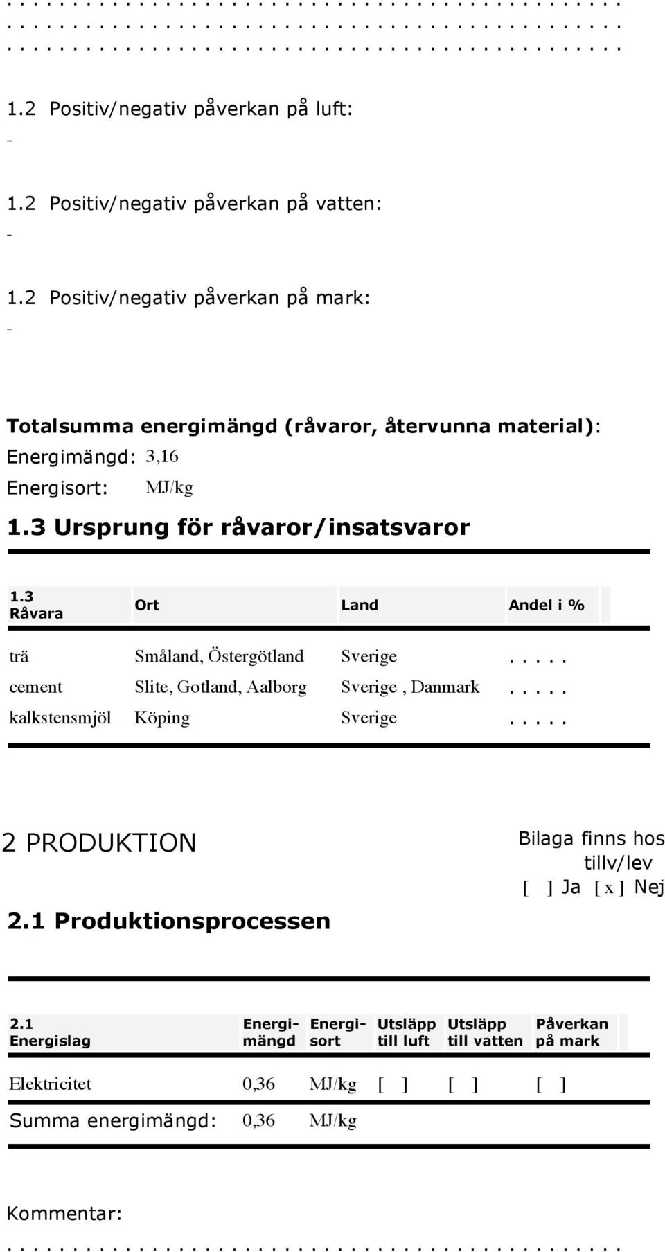 3 Ursprung för råvaror/insatsvaror 1.3 Råvara Ort Land Andel i % trä Småland, Östergötland Sverige..... cement Slite, Gotland, Aalborg Sverige, Danmark.