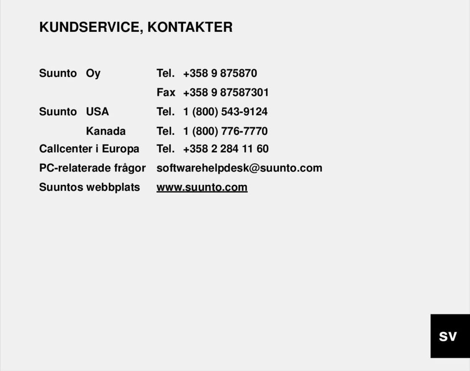 1 (800) 543-9124 Kanada Tel.