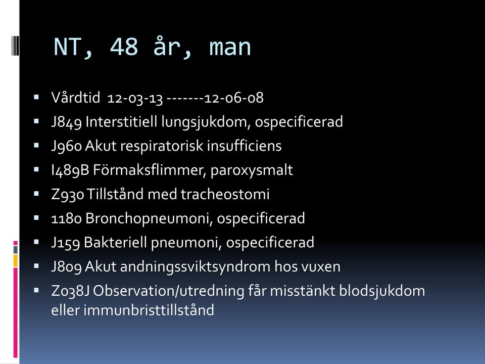 1180 Bronchopneumoni, ospecificerad J159 Bakteriell pneumoni, ospecificerad J809 Akut