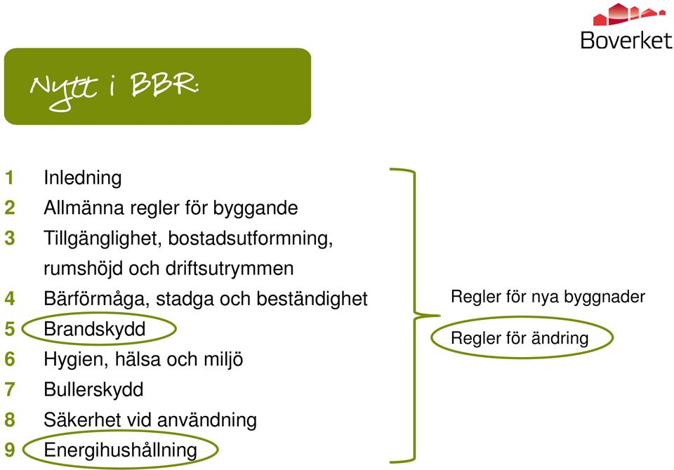 beständighet 5 Brandskydd 6 Hygien, hälsa och miljö 7 Bullerskydd 8