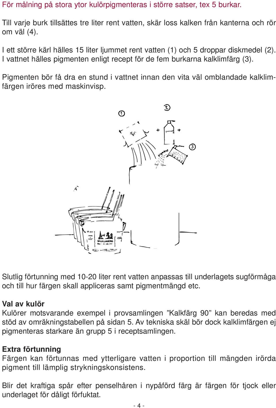 Pigmenten bör få dra en stund i vattnet innan den vita väl omblandade kalklimfärgen iröres med maskinvisp.