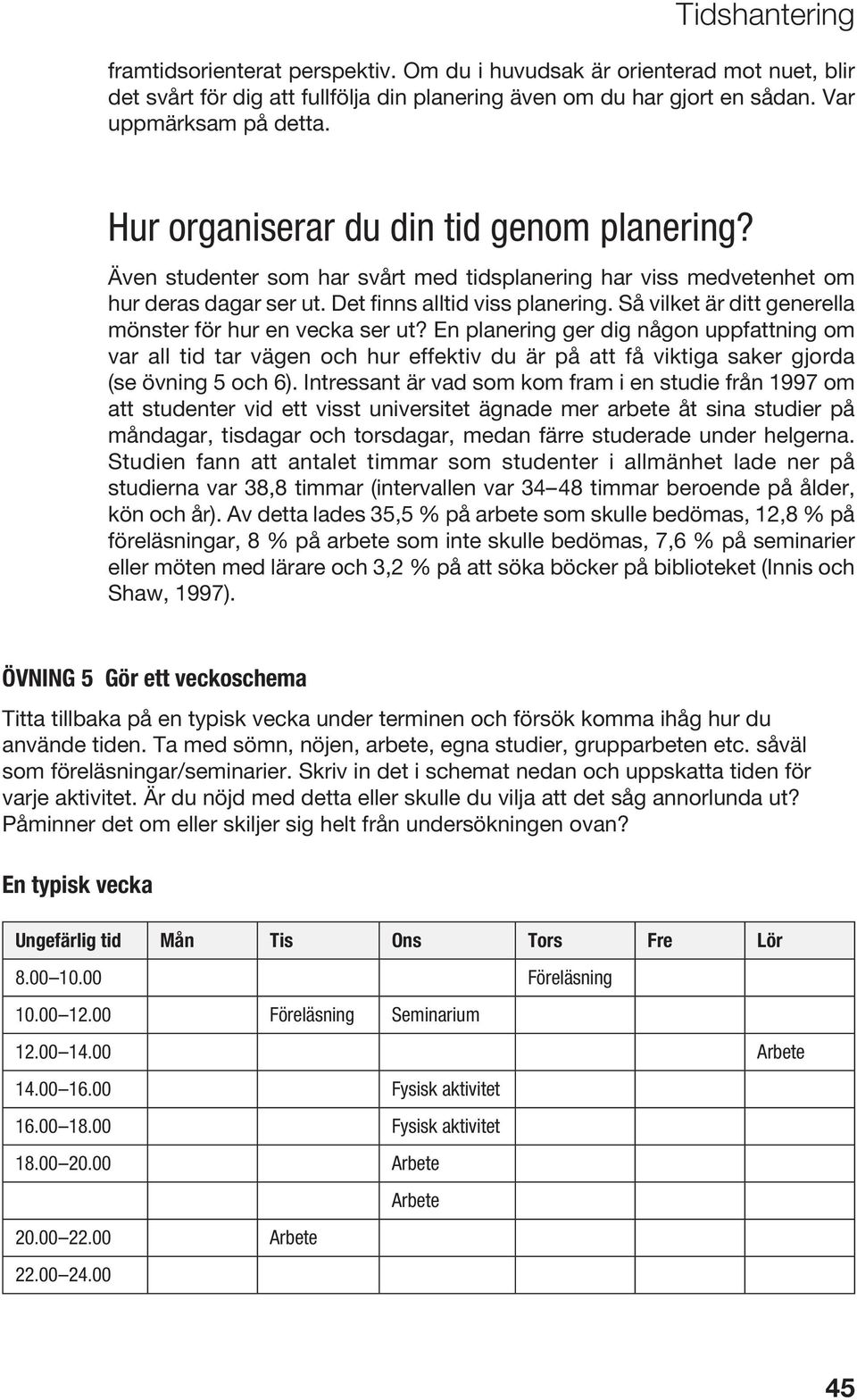 Så vilket är ditt generella mönster för hur en vecka ser ut? En planering ger dig någon uppfattning om var all tid tar vägen och hur effektiv du är på att få viktiga saker gjorda (se övning 5 och 6).