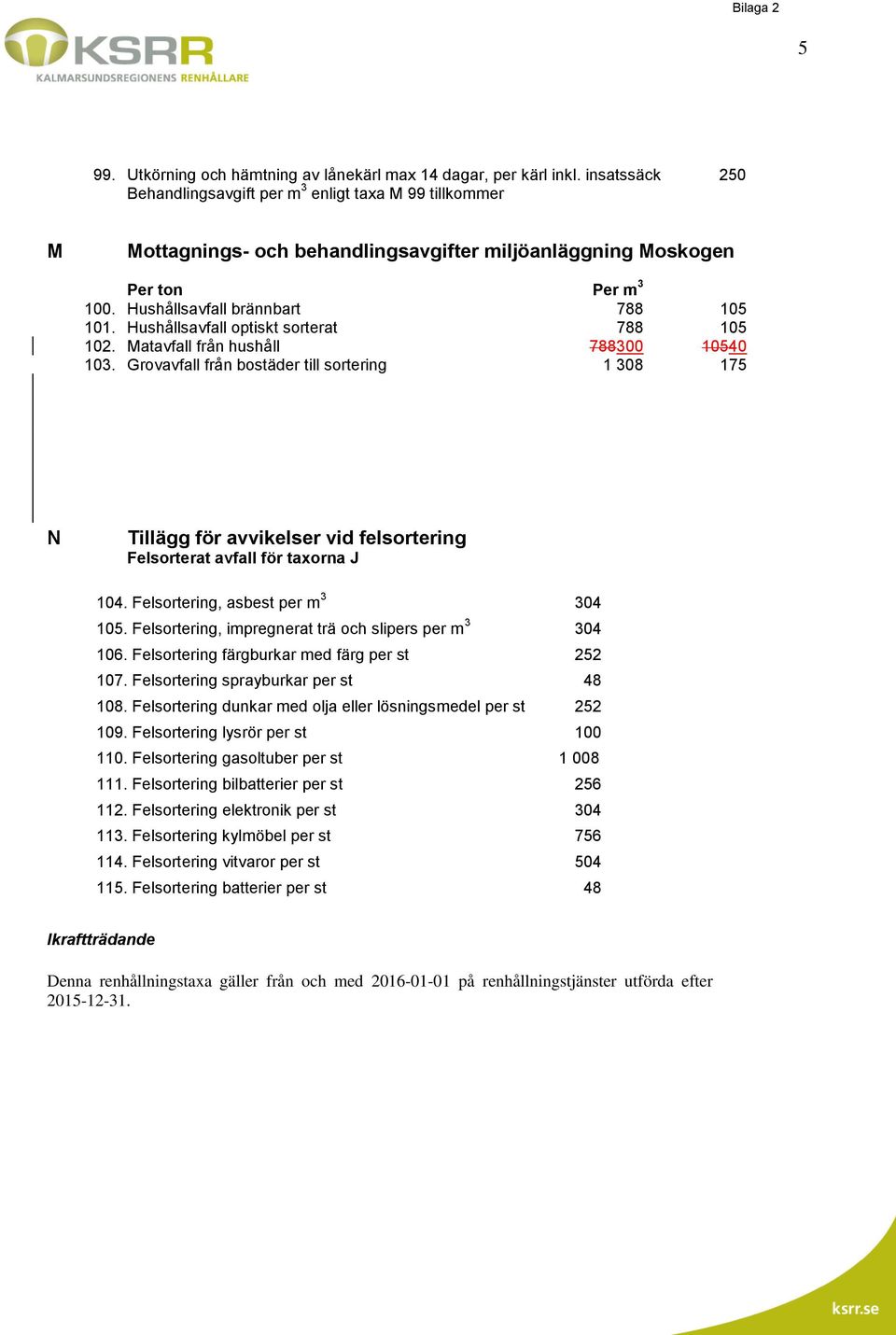 Hushållsavfall optiskt sorterat 788 105 102. Matavfall från hushåll 788300 10540 103.