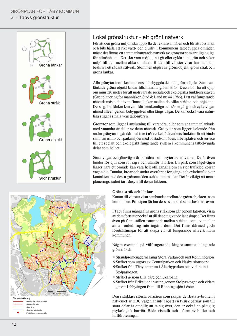 Det ska vara möjligt att gå eller cykla i en grön och säker miljö till och mellan olika områden. Bilden till vänster visar hur man kan beskriva ett sådant nätverk.