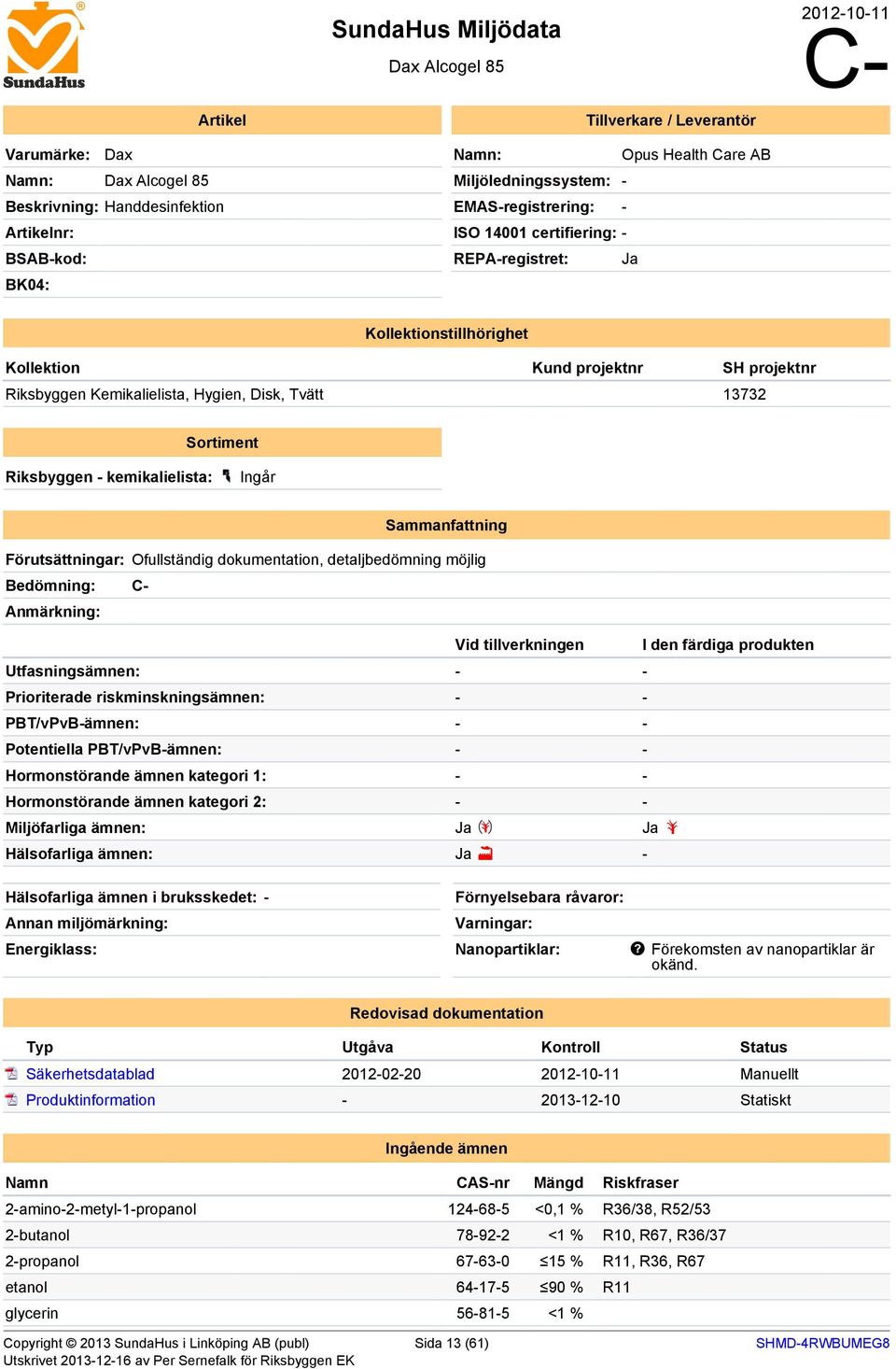 13732 Sortiment Riksbyggen - kemikalielista: Ingår Sammanfattning Förutsättningar: Ofullständig dokumentation, detaljbedömning möjlig edömning: C- Anmärkning: Vid tillverkningen I den färdiga