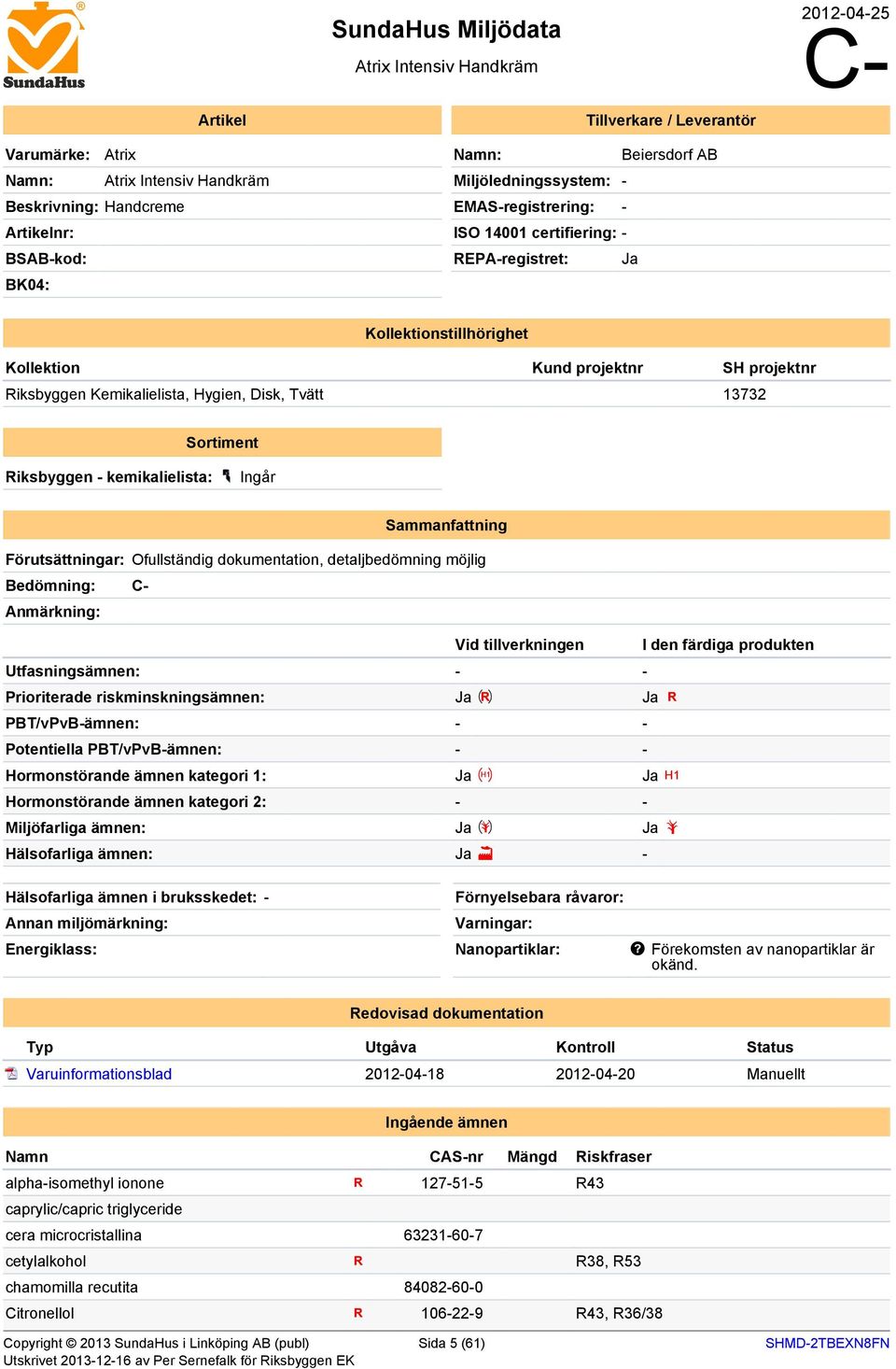 Tvätt 13732 Sortiment Riksbyggen - kemikalielista: Ingår Sammanfattning Förutsättningar: Ofullständig dokumentation, detaljbedömning möjlig edömning: C- Anmärkning: Vid tillverkningen I den färdiga