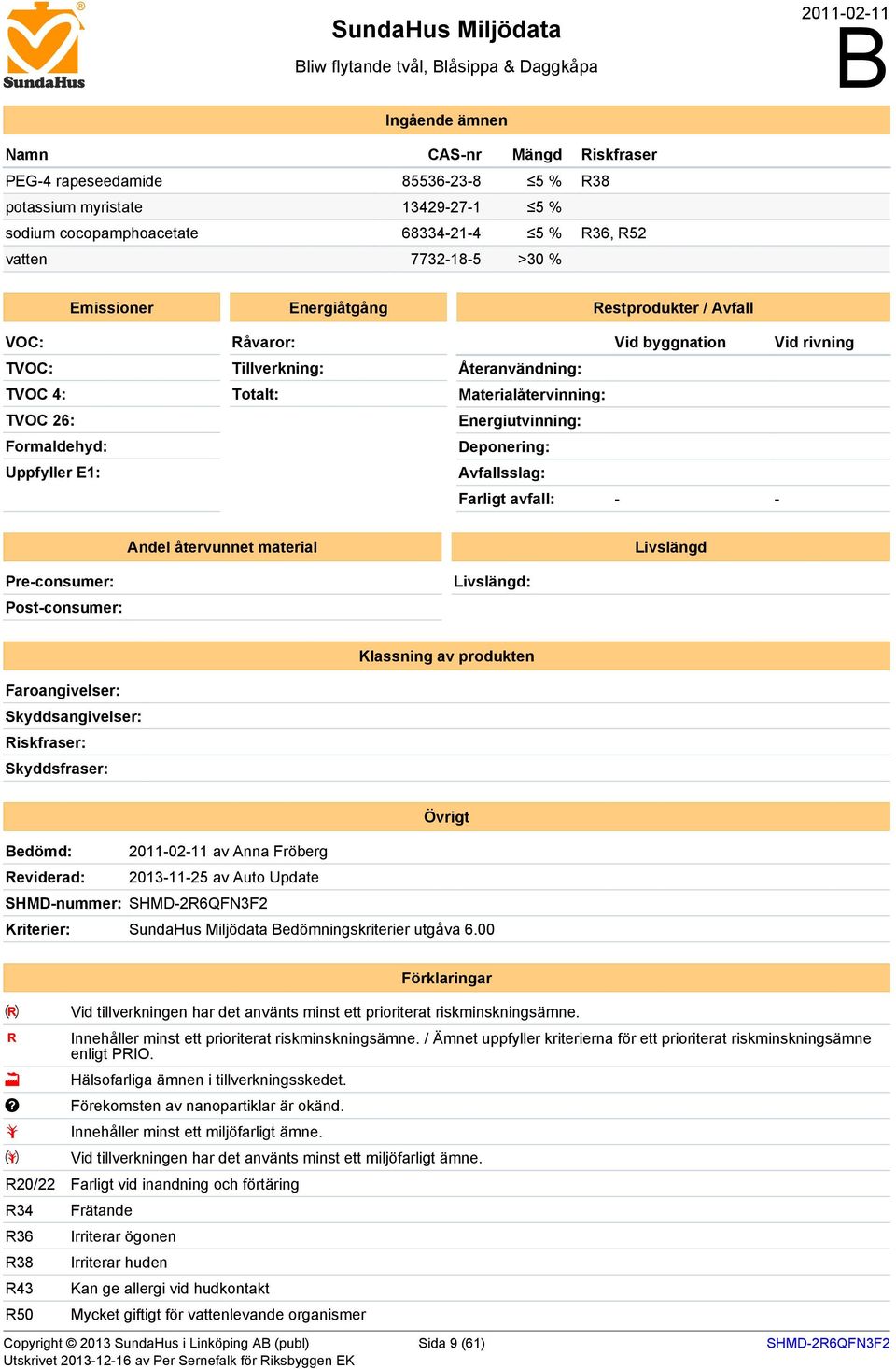 Energiutvinning: Deponering: Avfallsslag: Farligt avfall: - - Andel återvunnet material Livslängd Pre-consumer: Post-consumer: Livslängd: Klassning av produkten Faroangivelser: Skyddsangivelser: