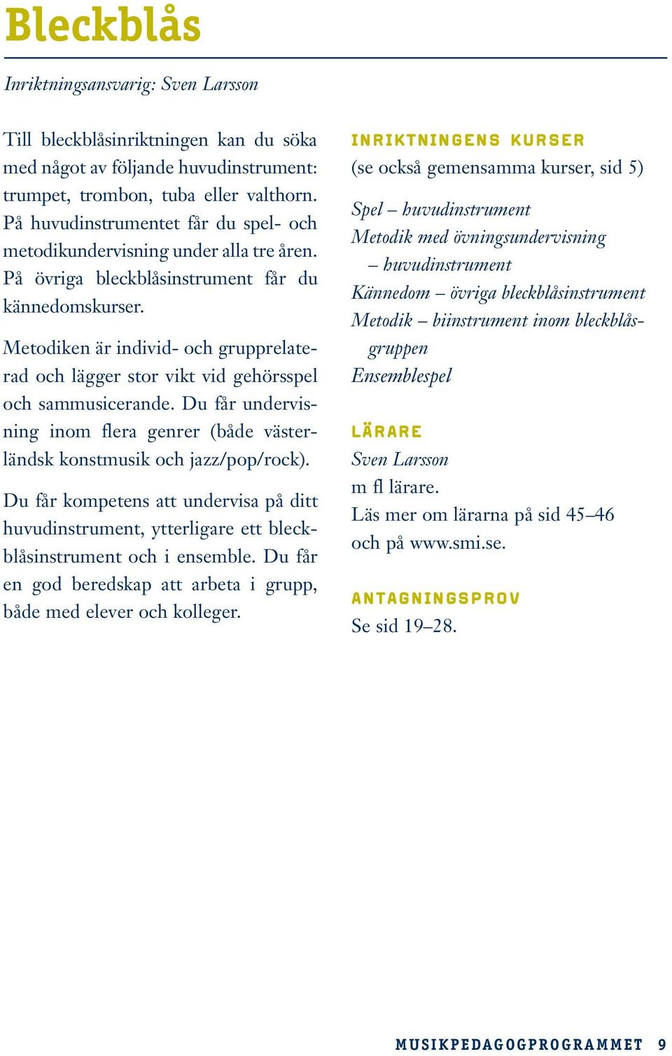 Metodiken är individ- och grupprelaterad och lägger stor vikt vid gehörsspel och sammusicerande. Du får undervisning inom flera genrer (både västerländsk konstmusik och jazz/pop/rock).