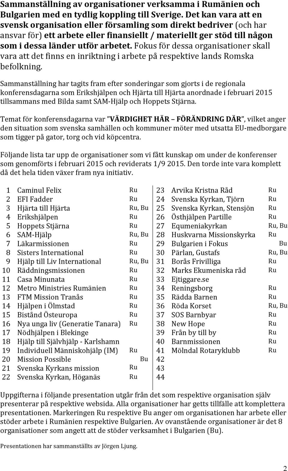 Fokus för dessa organisationer skall vara att det finns en inriktning i arbete på respektive lands Romska befolkning.