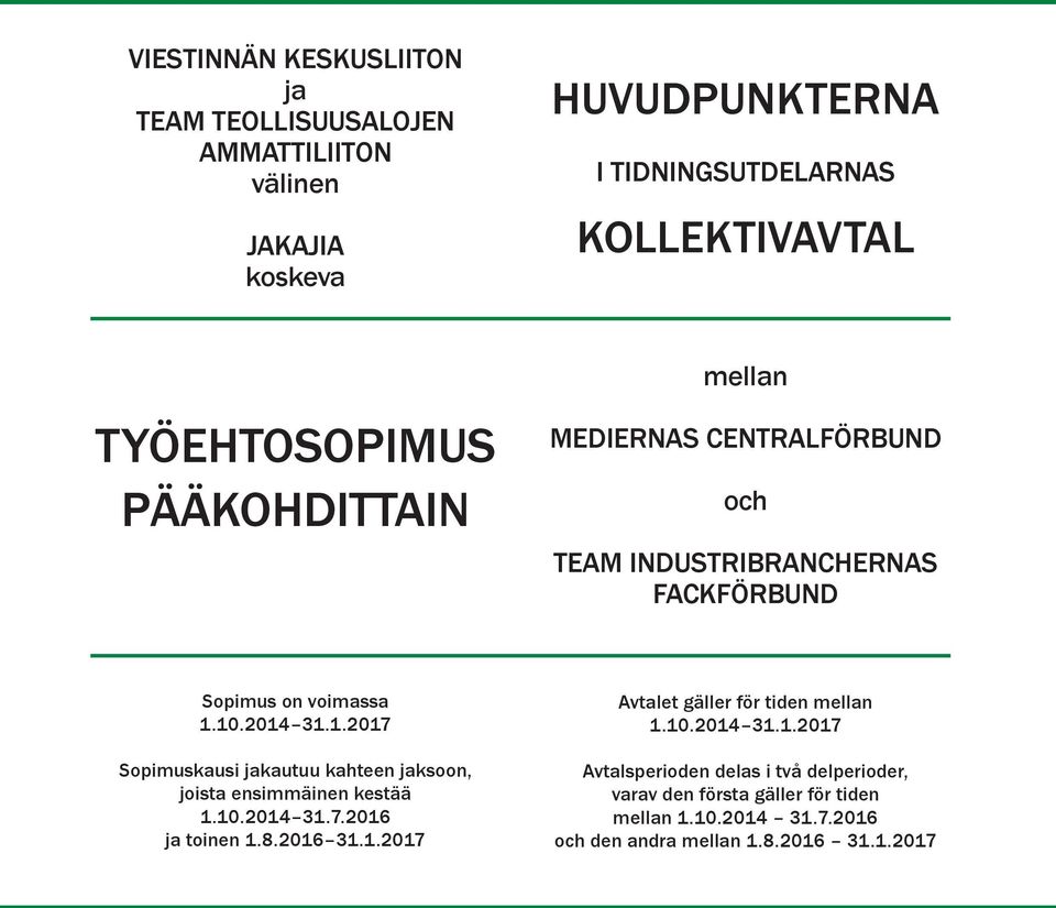 10.2014 31.1.2017 Sopimuskausi jakautuu kahteen jaksoon, joista ensimmäinen kestää 1.10.2014 31.7.2016 ja toinen 1.8.2016 31.1.2017 Avtalet gäller för tiden mellan 1.