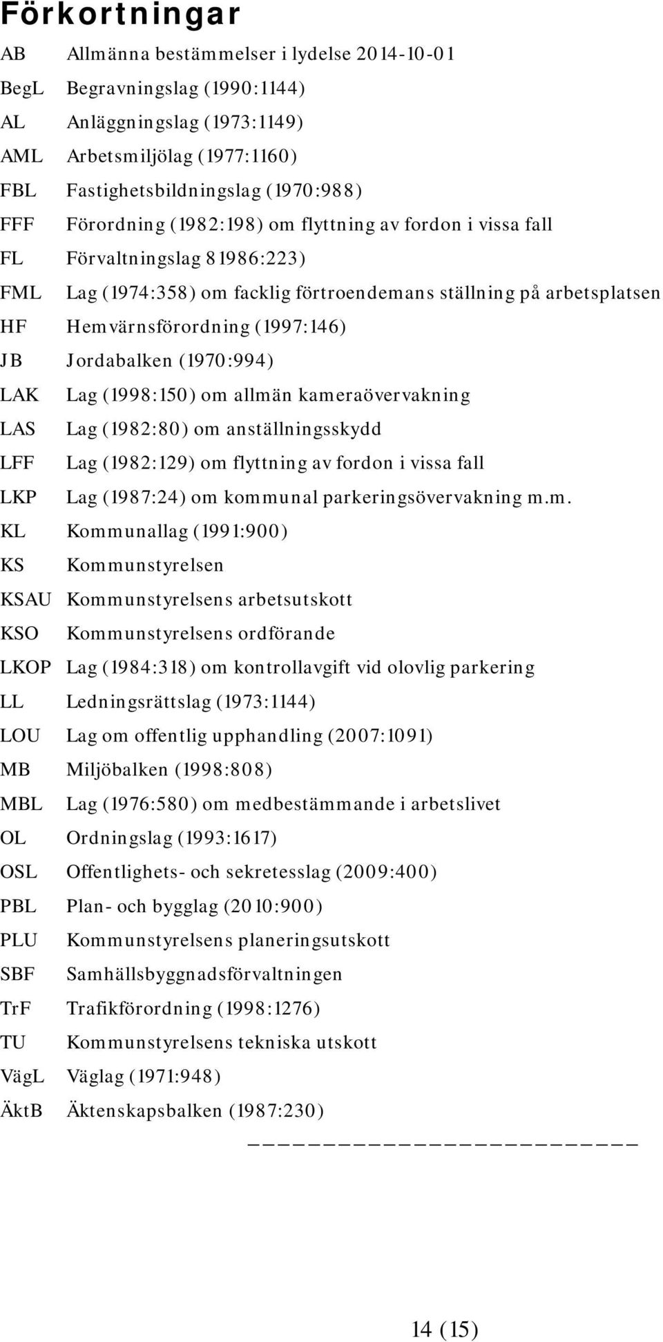 Jordabalken (1970:994) LAK LAS LFF LKP Lag (1998:150) om allmän kameraövervakning Lag (1982:80) om anställningsskydd Lag (1982:129) om flyttning av fordon i vissa fall Lag (1987:24) om kommunal