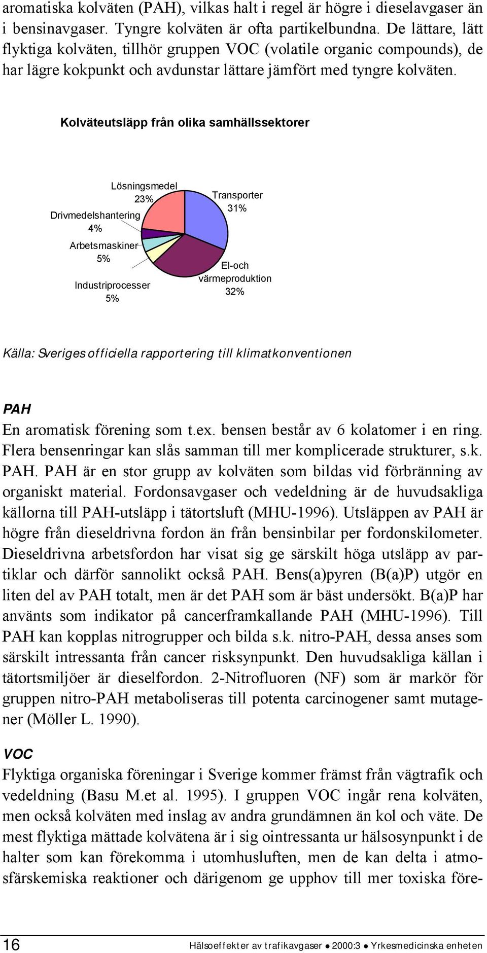 Kolväteutsläpp från olika samhällssektorer Drivmedelshantering 4% Arbetsmaskiner 5% Lösningsmedel 23% Industriprocesser 5% Transporter 31% El-och värmeproduktion 32% Källa: Sveriges officiella