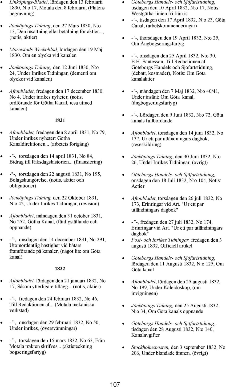 Om en olycka vid kanalen Jönköpings Tidning, den 12 Juni 1830, N:o 24, Under Inrikes Tidningar, (dementi om olyckor vid kanalen) Aftonbladet, fredagen den 17 december 1830, No 4, Under inrikes