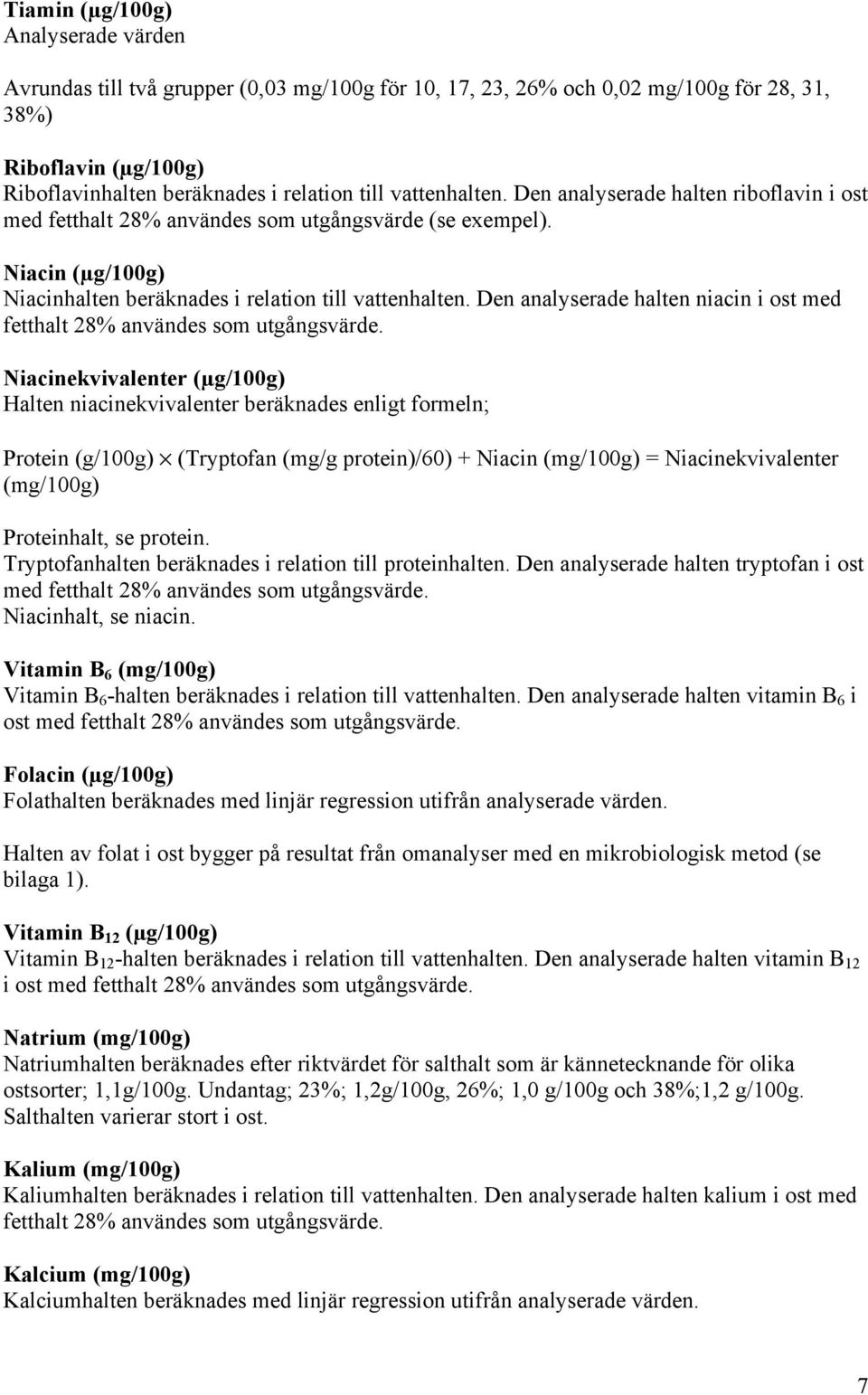 Den analyserade halten niacin i ost med fetthalt 28% användes som utgångsvärde.