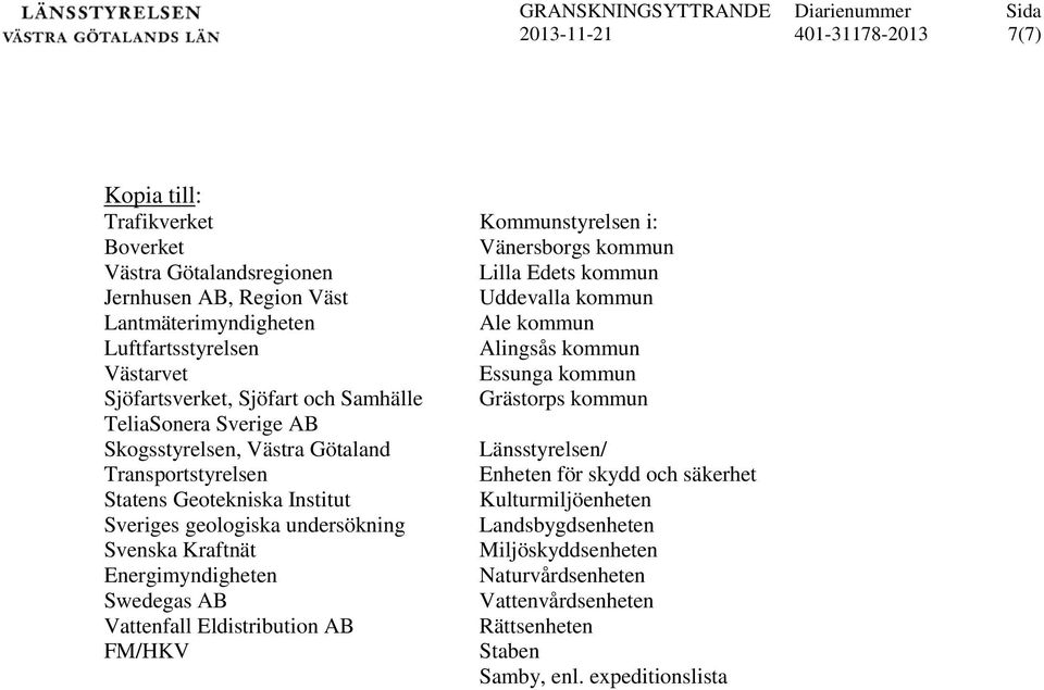 AB Vattenfall Eldistribution AB FM/HKV Kommunstyrelsen i: Vänersborgs kommun Lilla Edets kommun Uddevalla kommun Ale kommun Alingsås kommun Essunga kommun Grästorps kommun