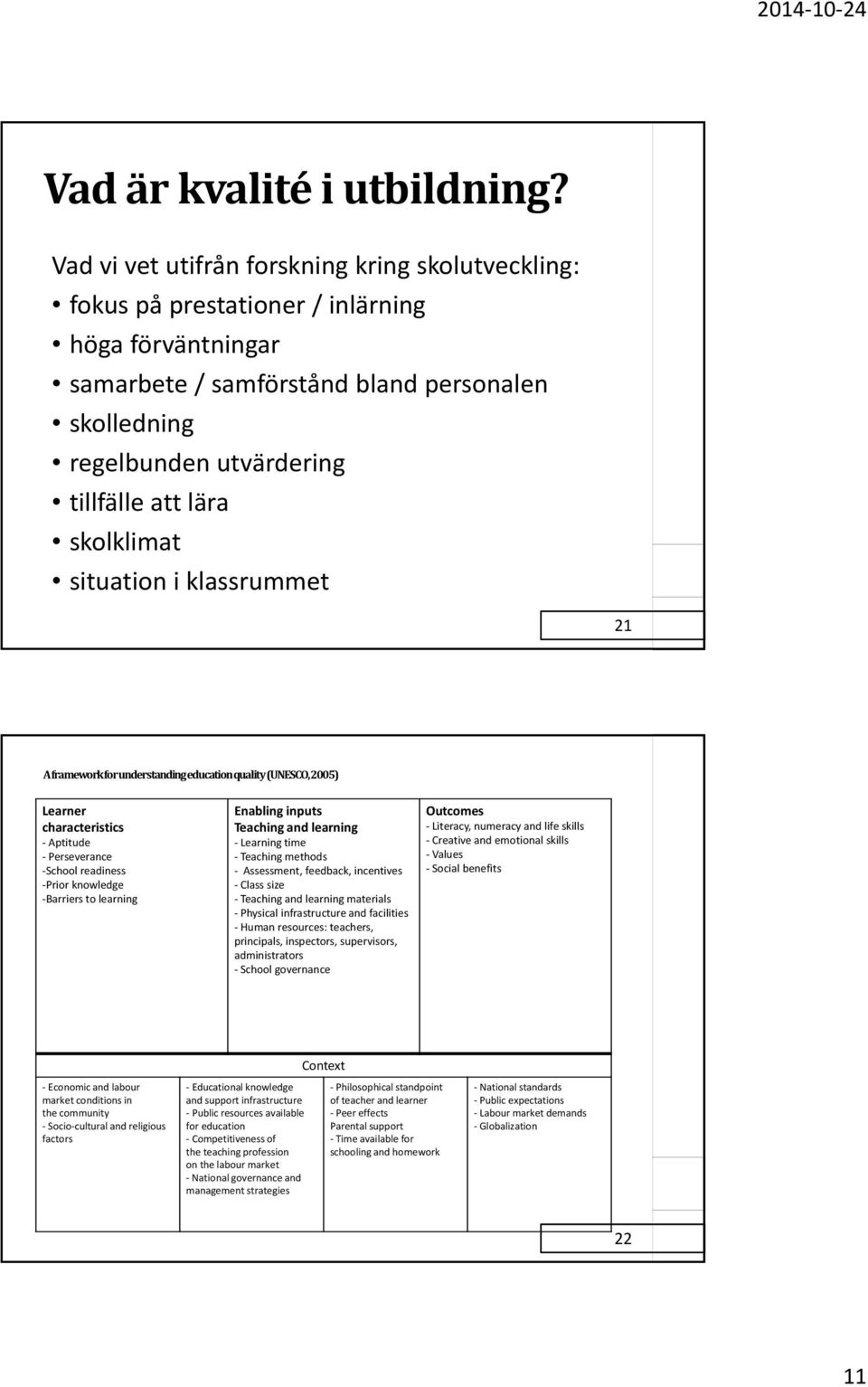 skolklimat situation i klassrummet 21 A framework for understanding education quality (UNESCO, 2005) Learner characteristics Aptitude Perseverance School readiness Prior knowledge Barriers to