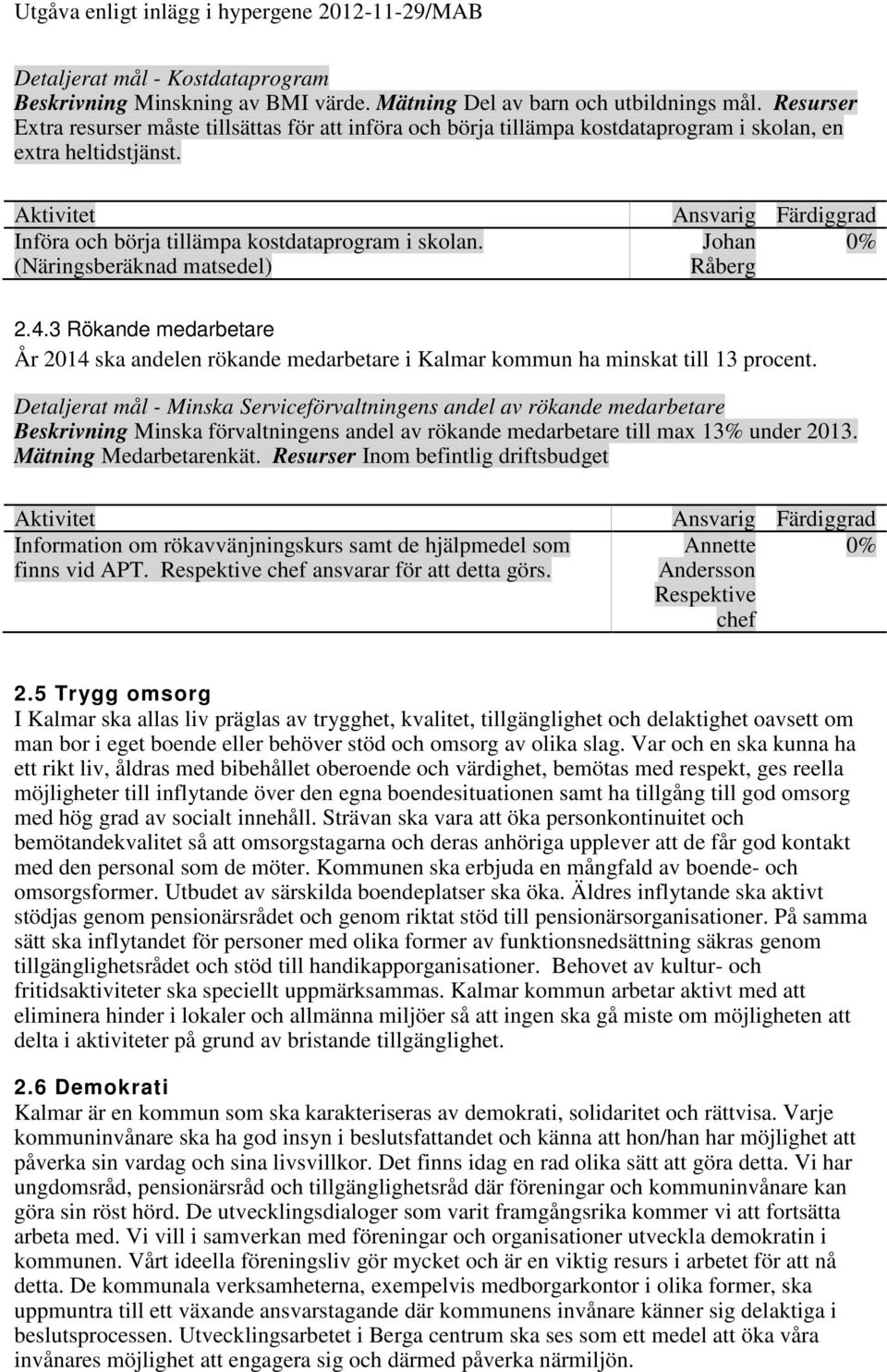 (Näringsberäknad matsedel) Johan 0% Råberg 2.4.3 Rökande medarbetare År 2014 ska andelen rökande medarbetare i Kalmar kommun ha minskat till 13 procent.