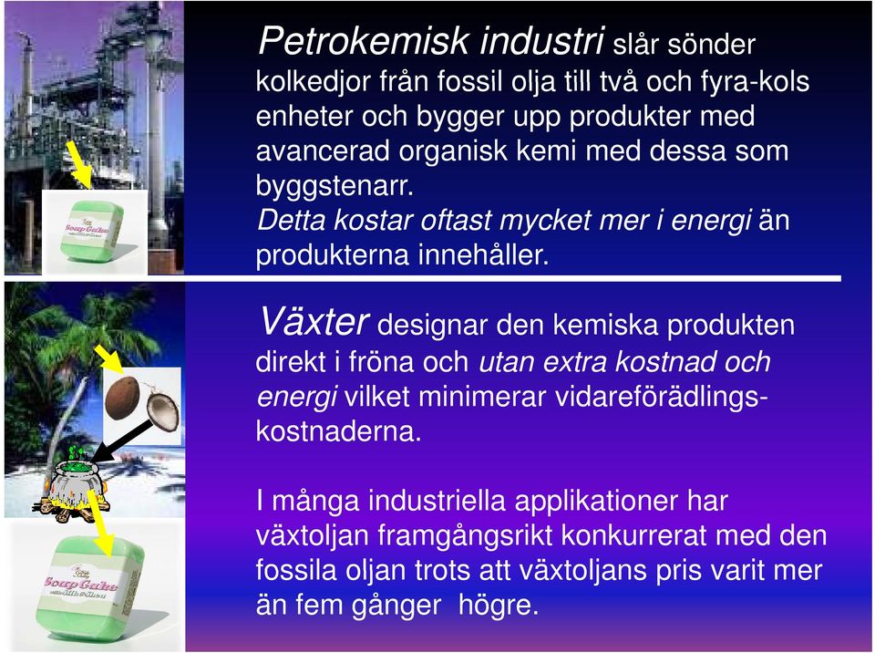 Växter designar den kemiska produkten direkt i fröna och utan extra kostnad och energi vilket minimerar vidareförädlings-