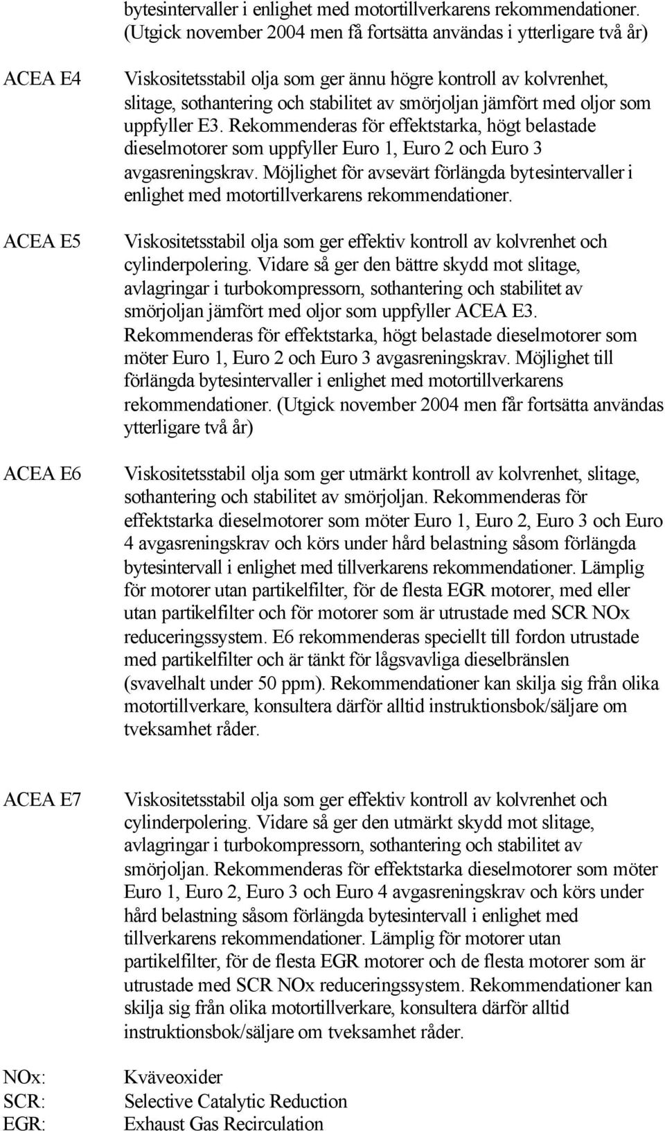 smörjoljan jämfört med oljor som uppfyller E3. Rekommenderas för effektstarka, högt belastade dieselmotorer som uppfyller Euro 1, Euro 2 och Euro 3 avgasreningskrav.